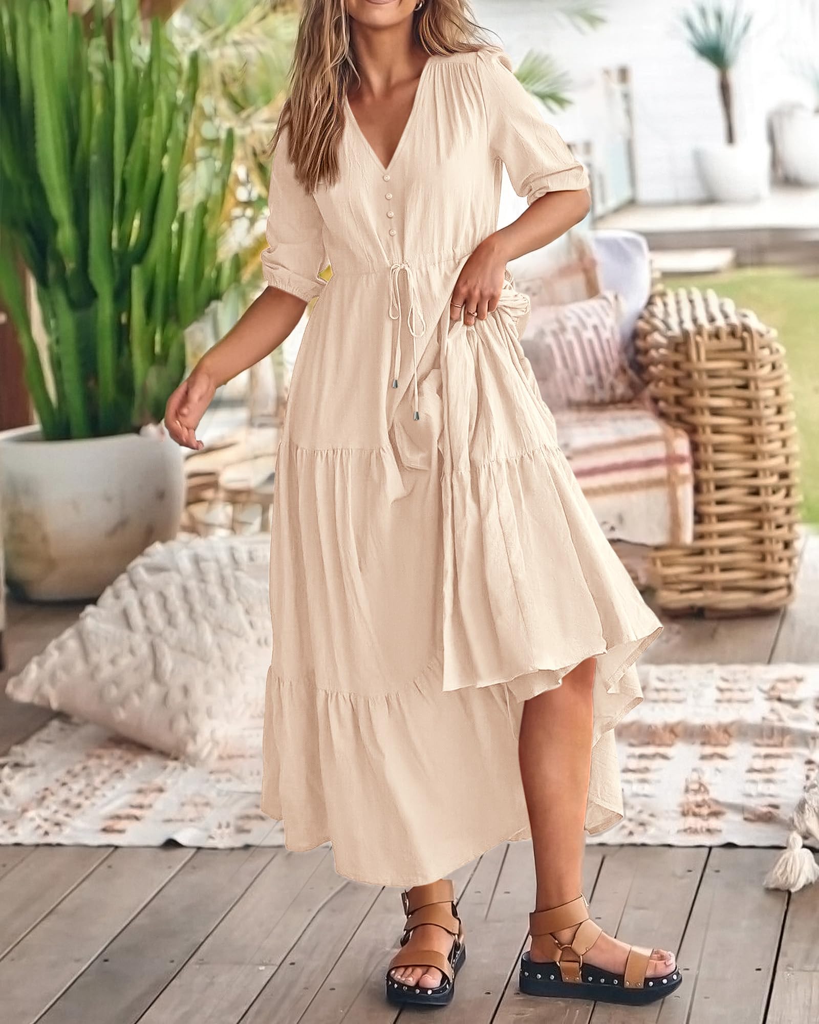 BTFBM Women's Summer Maxi Dress - Short Sleeve V-Neck Button Down Boho Long Dress with Drawstring Waist, Solid Color Casual Beach Dress for Vacation, Party & Everyday Wear