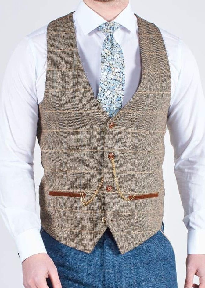 Fratelli Robbie Men's Green Tweed Suit with Marc Darcy Tan Tweed Waistcoat | Classic 3-Piece Wedding Suit | Perfect for Formal Events, Business Meetings & Special Occasions