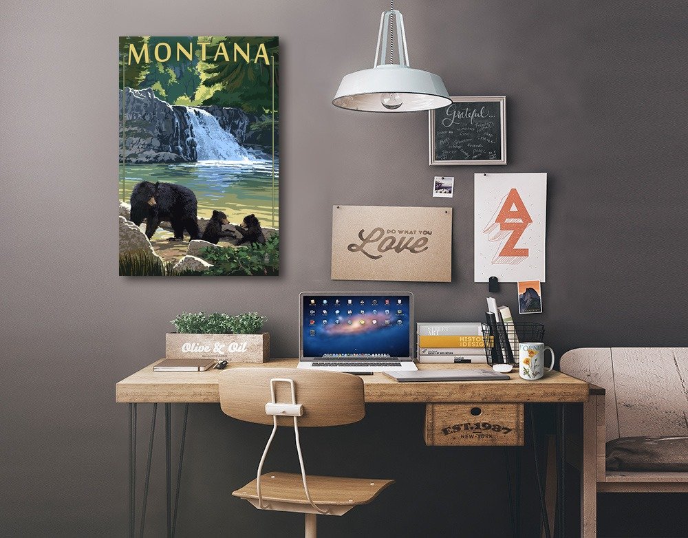 Lantern Press Bear Family and Waterfall Montana Wall Art - 12x18 Wrapped Canvas Print - Nature Wildlife Decor for Living Room, Bedroom & Office