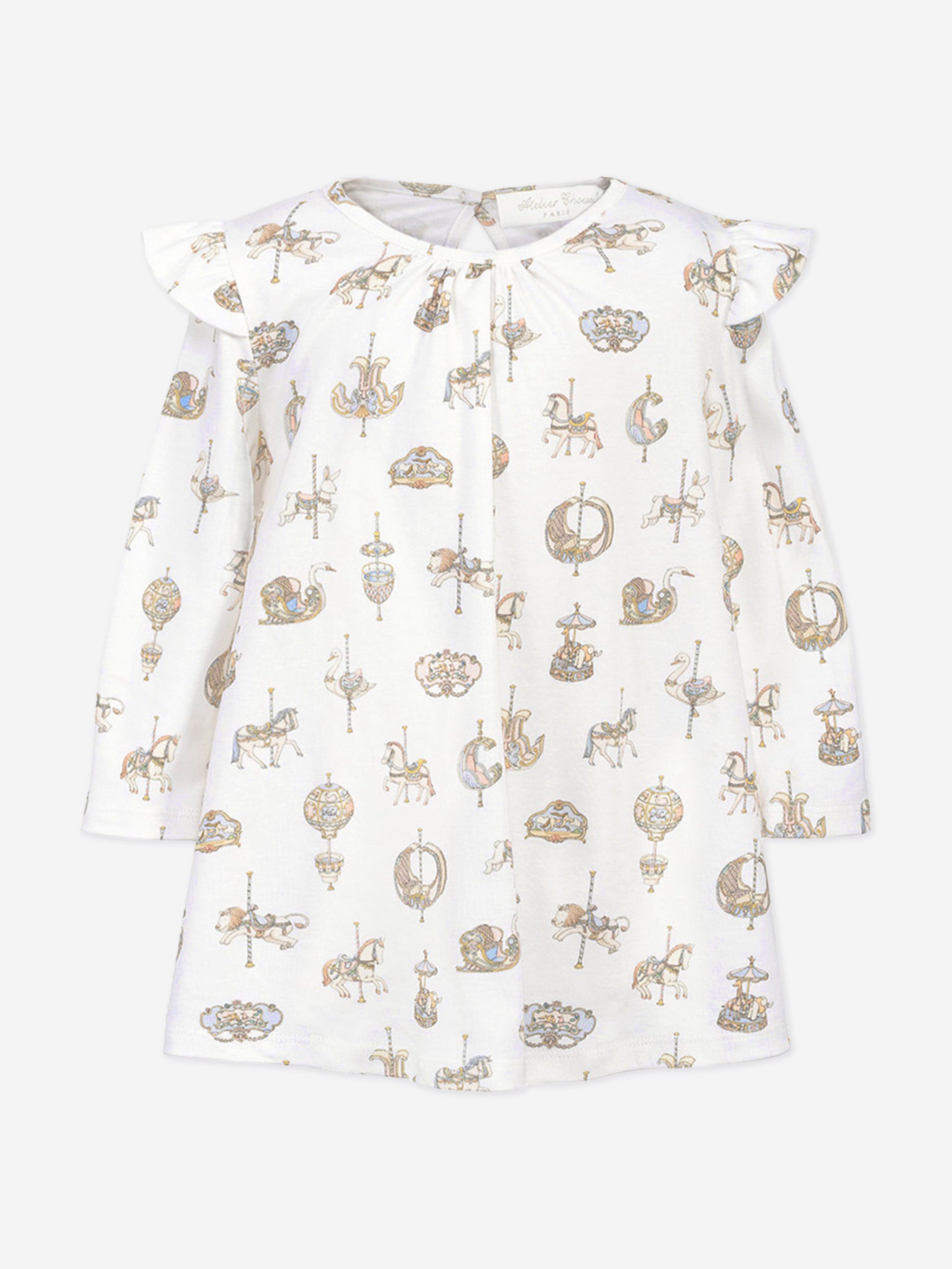 Atelier Choux Baby Girls Carousel Jersey Dress - Soft Cotton White Dress for Newborns & Toddlers | Perfect for Special Occasions, Photo Shoots & Everyday Wear