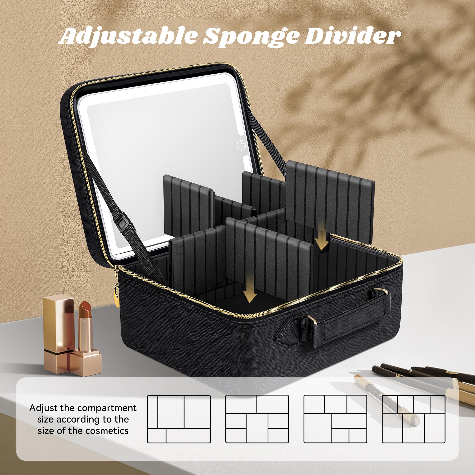 JUSRON LED Makeup Bag with Mirror - 3 Color Settings for Travel & Vanity