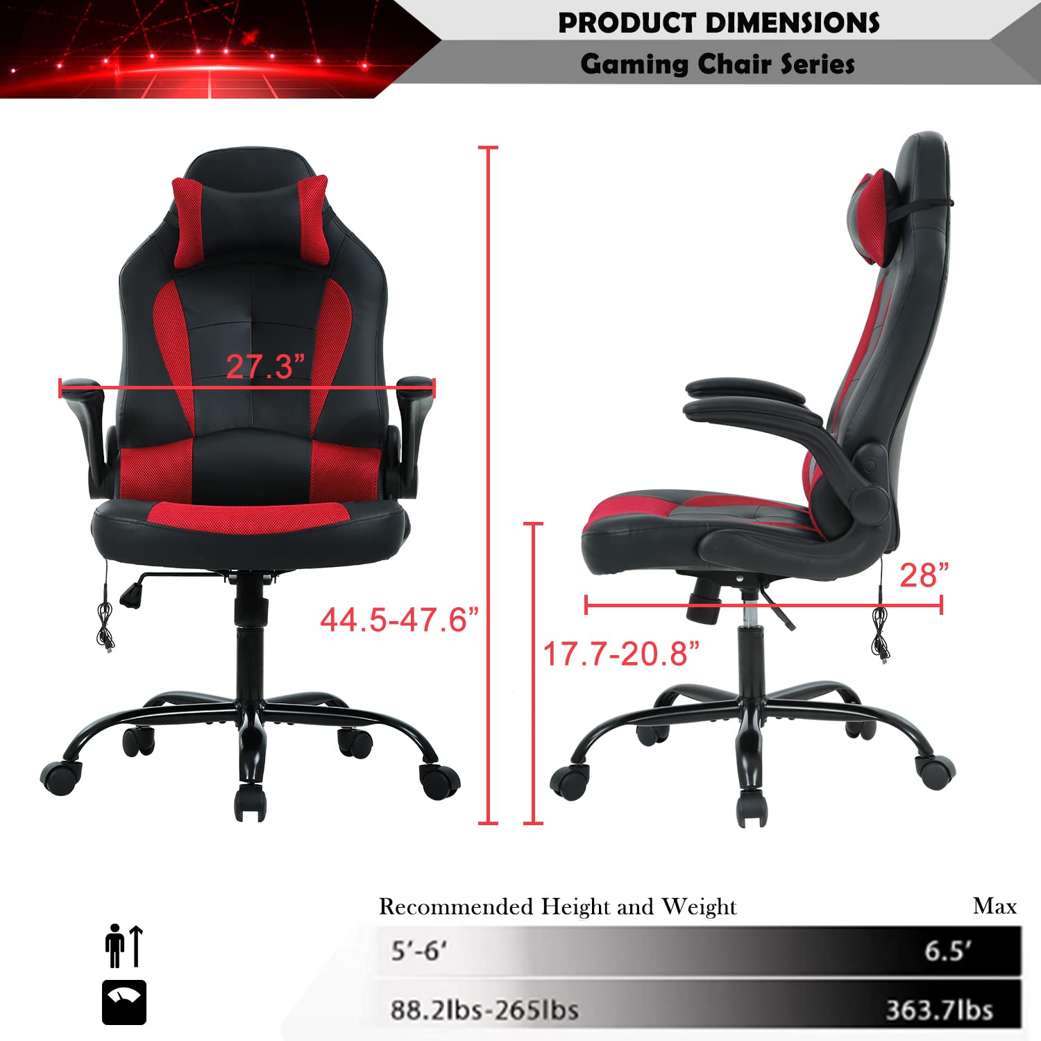 Ergonomic Gaming Chair with Headrest & Flip-Up Arms - High Back PU Leather Racing Office Chair with Lumbar Support & Massage for Adults & Teens - Perfect for PC Gaming, Work & Home Office (Red)