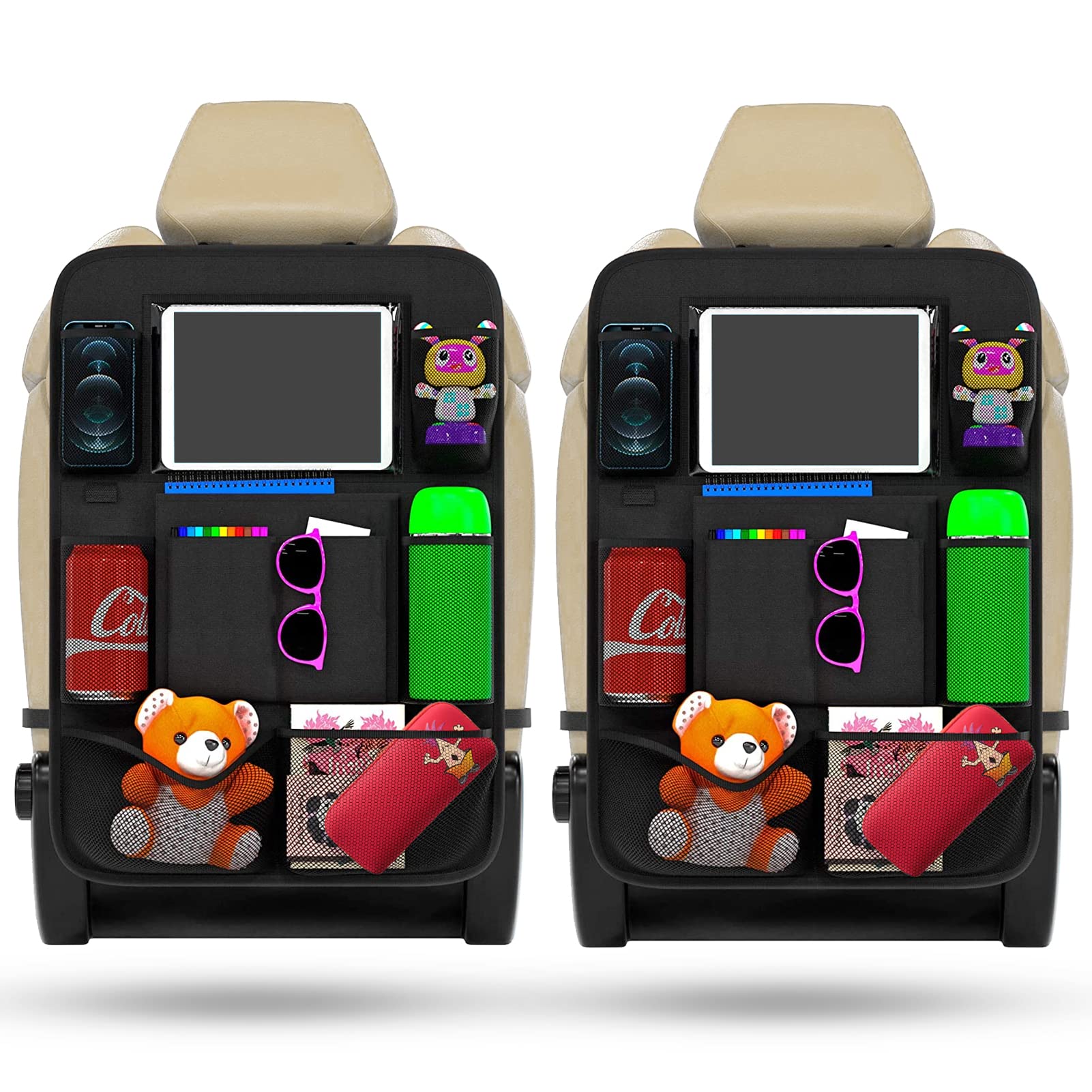 FYY 2-Pack Backseat Car Organizer for Kids with Tablet Holder & Kick Mat - Hanging Organizer for Toys, Books, Bottles - Perfect for Road Trips & Family Travel (Black)