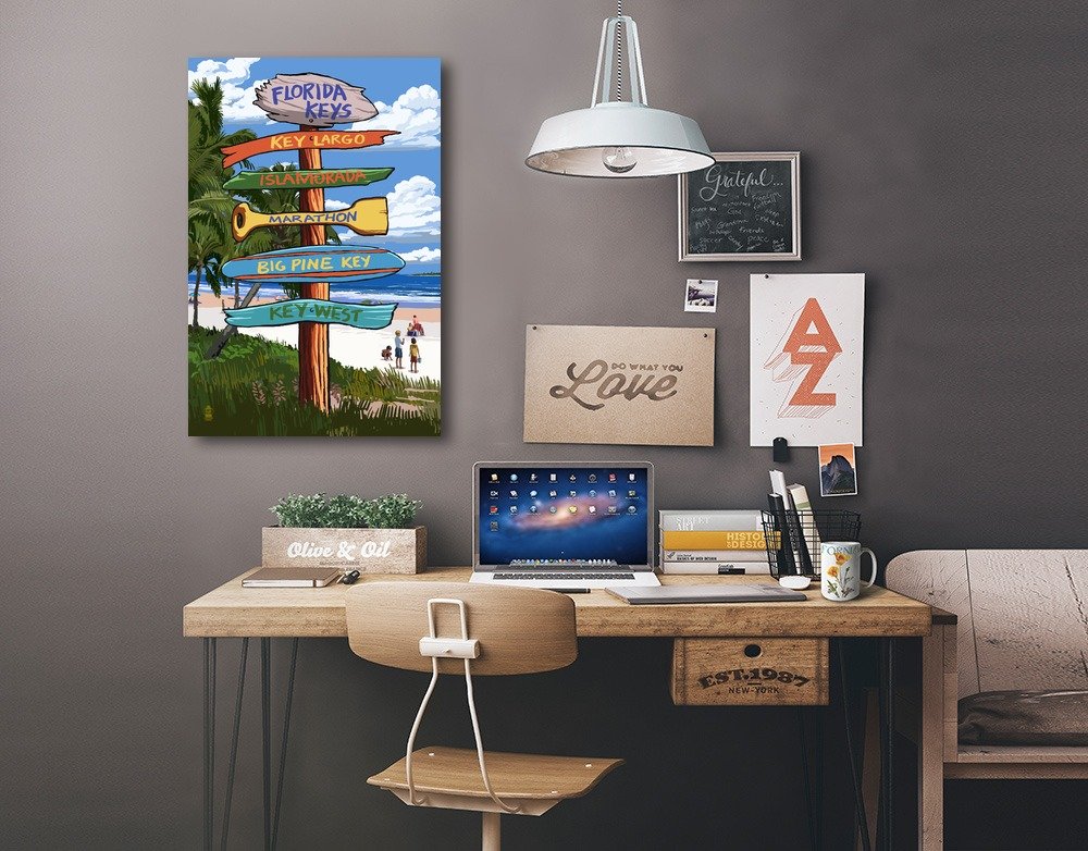 Lantern Press Florida Keys Destinations Sign - 16x24 Wrapped Canvas Wall Art for Home & Office Decor | Tropical Beach Themed Painting for Living Room, Bedroom or Gift
