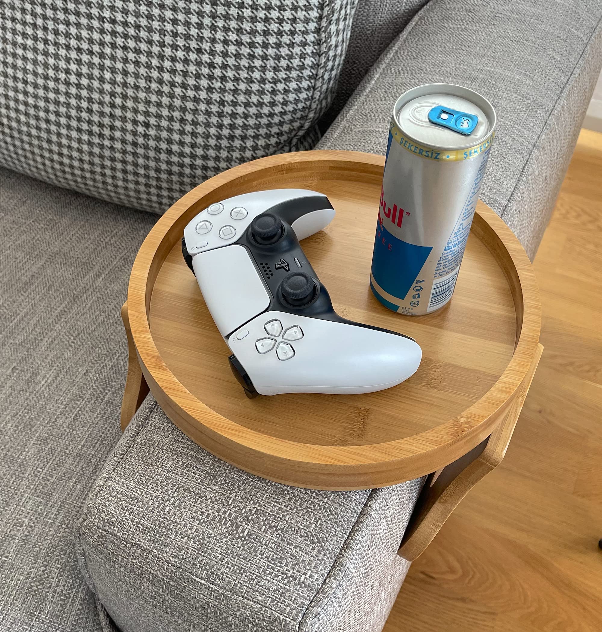 Natural Bamboo Clip-On Side Table - Round Sofa Armrest Tray for Remote, Phone, Drinks & Snacks | Perfect for Living Room, Bedroom & Small Spaces