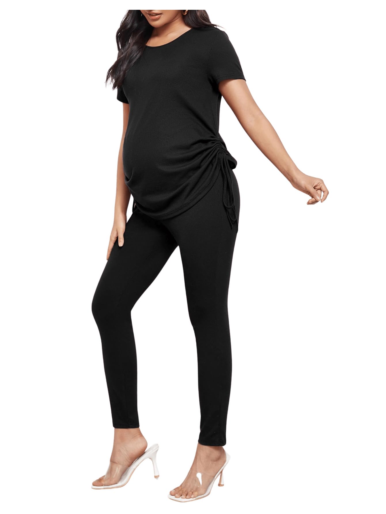 OYOANGLE Women's Maternity 2-Piece Outfit - Stretchy Ribbed Tee & Leggings Set with Drawstring Waist for Pregnancy Comfort | Perfect for Maternity Photos, Lounge Wear & Nursing Clothes