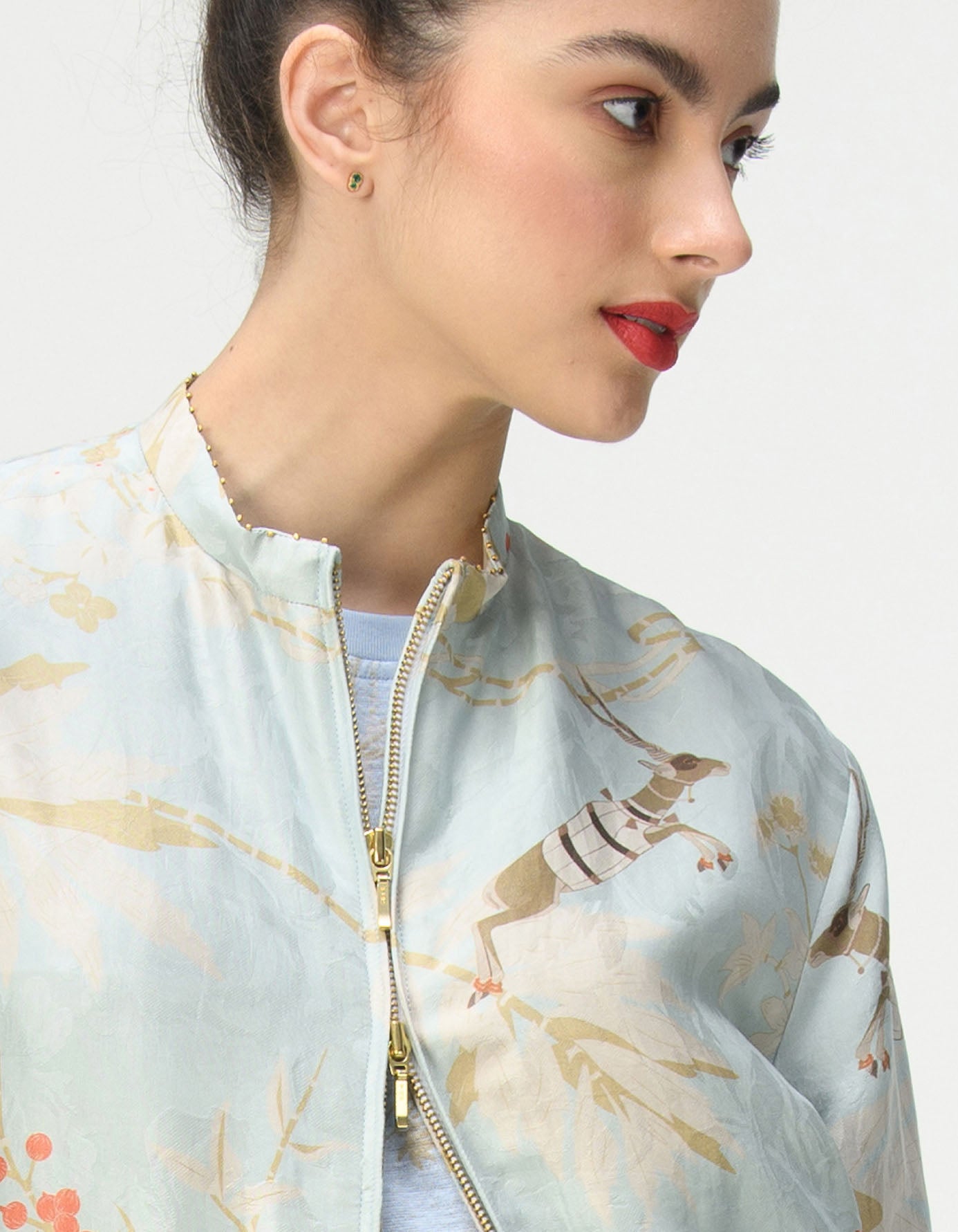 Janbaaz Men's Silk Damask Bomber Jacket - Lightweight Ice Blue Vintage Style Jacket for Casual Wear & Night Out