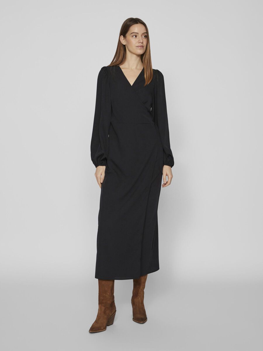 GRAFFY Women's Long Wrap Dress - Elegant Black Maxi Dress for Casual, Office & Evening Wear | Flattering & Comfortable Wrap Around Design