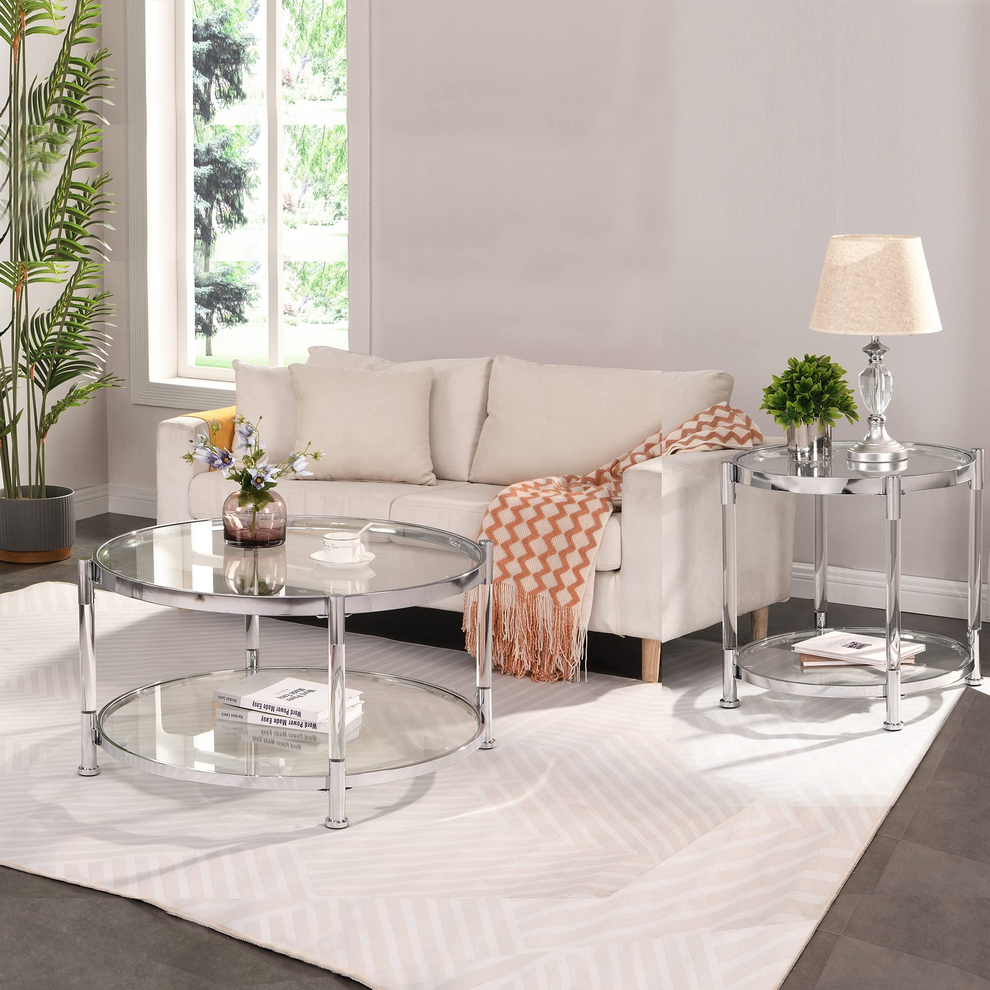 Modern 3-Piece Glass Coffee Table Set with Chrome Base & Tempered Glass Top - Round Side & End Tables for Living Room, Bedroom - Durable Acrylic Legs, Silver Finish - Perfect for Small Spaces, Home Decor & Entertaining Guests
