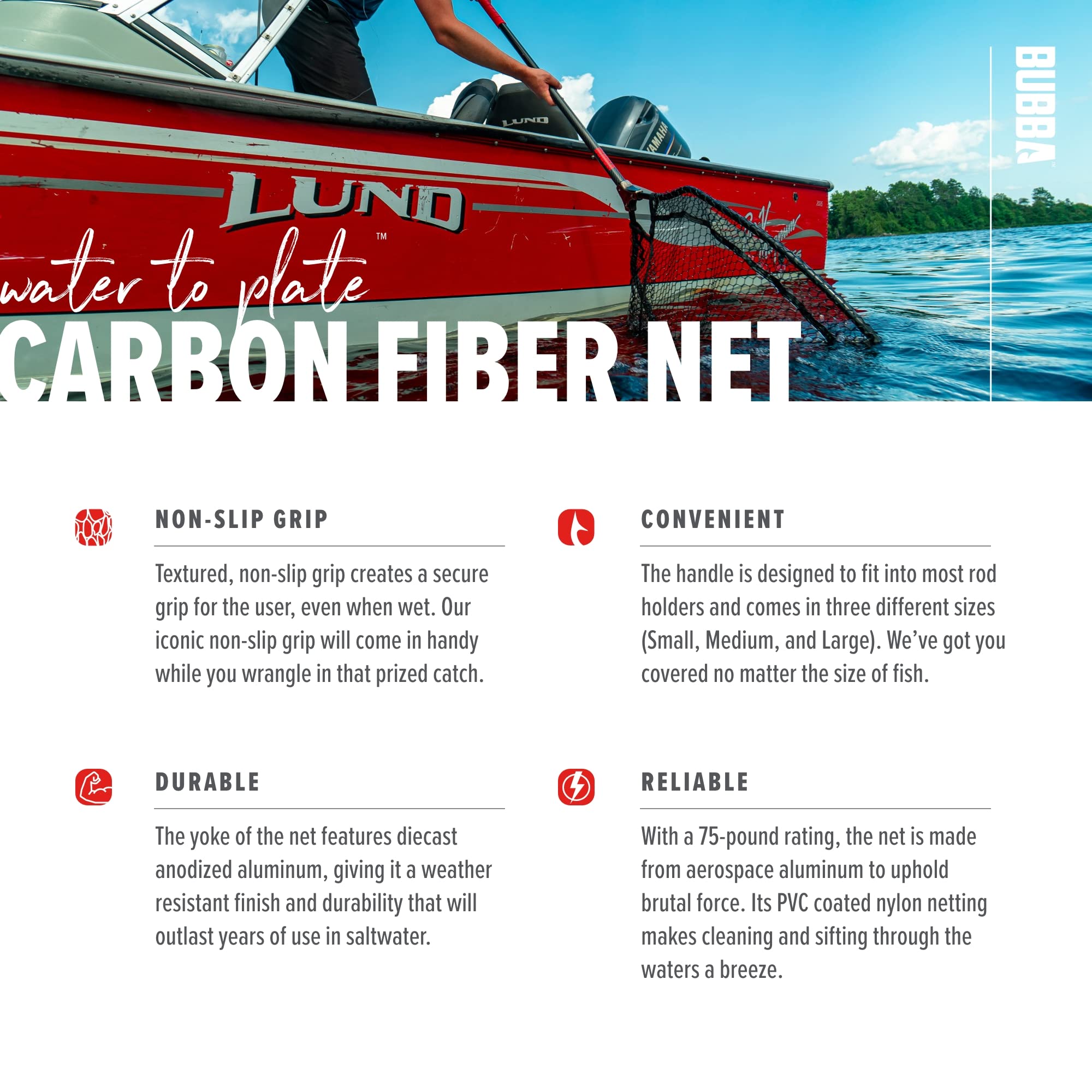 BUBBA Fishing Landing Net with Corrosion Resistant Frame, Non-Slip Handle & Carbon Fiber Shaft - Perfect for Freshwater, Saltwater, Kayak Fishing & Outdoor Adventures