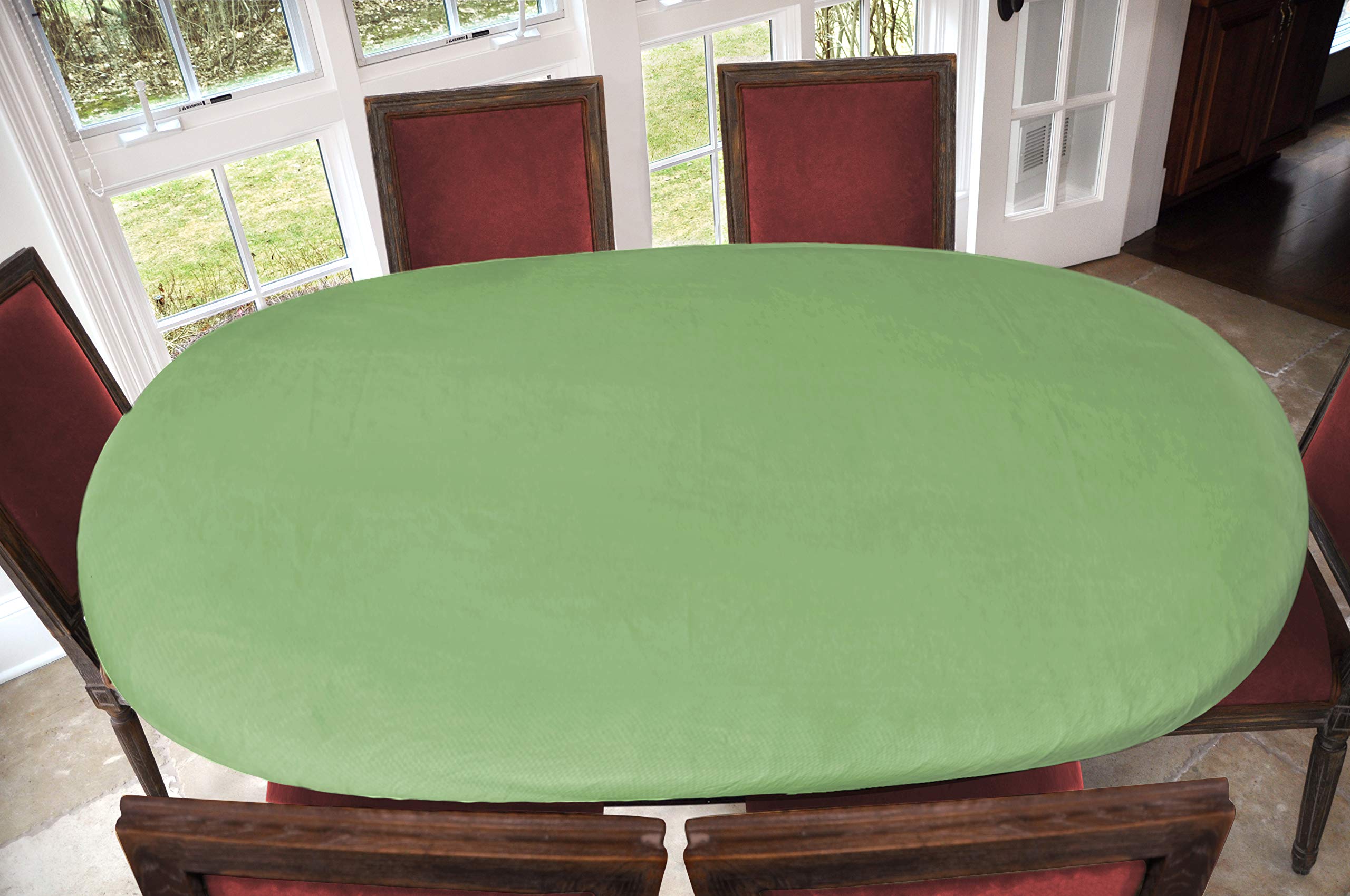 Premium Elastic Edged Flannel Backed Vinyl Fitted Tablecloth - Basketweave Green Pattern - Oblong/Oval Shape - Fits 48