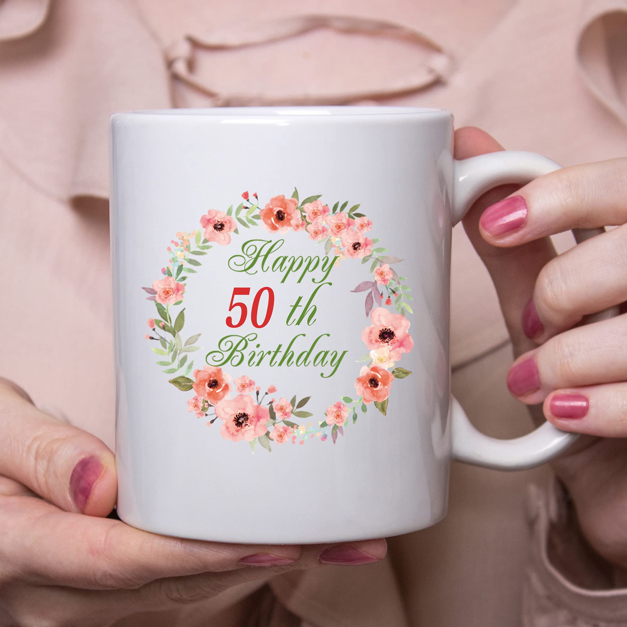 **50th Birthday Gifts for Women - Happy 50th Birthday Coffee Mug with Garland Design - 11 oz Ceramic Mug for Mom, Daughter, Sister, Wife, Friend, Aunt - Perfect for Coffee, Tea & Celebrations**