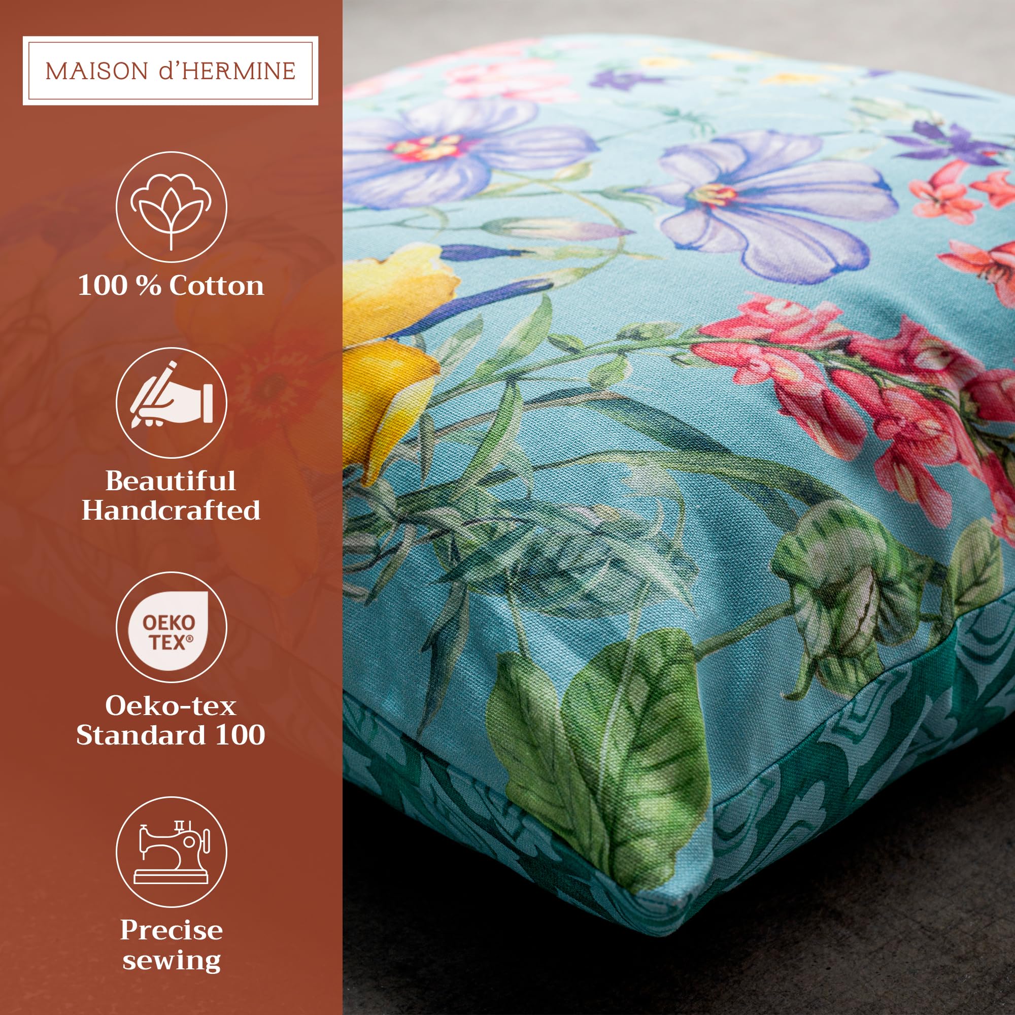 Maison d'Hermine 20x20 Inch Square Decorative Pillow Covers - 100% Cotton Throw Pillow Covers with Hidden Zipper for Sofa, Couch, Bed & Home Decor - Easter Spring Floral Design (Hesperides Fleur Pattern) - Perfect for Living Room Accent, Bedroom Styling & Seasonal Home Decoration
