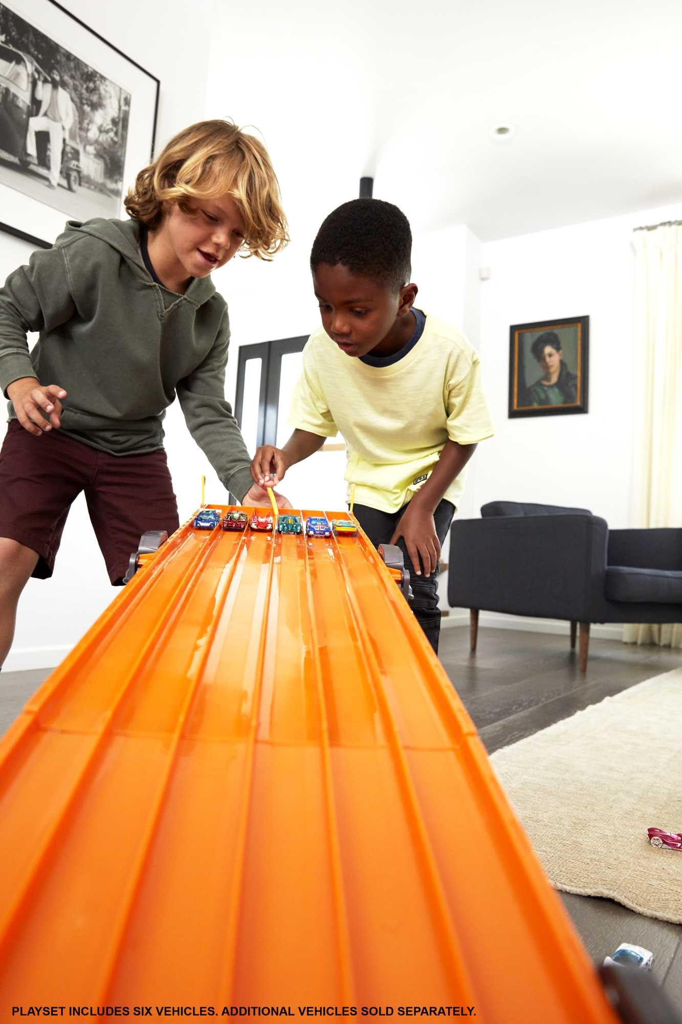 Hot Wheels Super 6-Lane Raceway Playset with 6 1:64 Scale Toy Cars, Lights & Sounds - 8-Foot Roll-Up Track for Easy Storage - Perfect for Kids' Birthday Gifts & Indoor Racing Fun