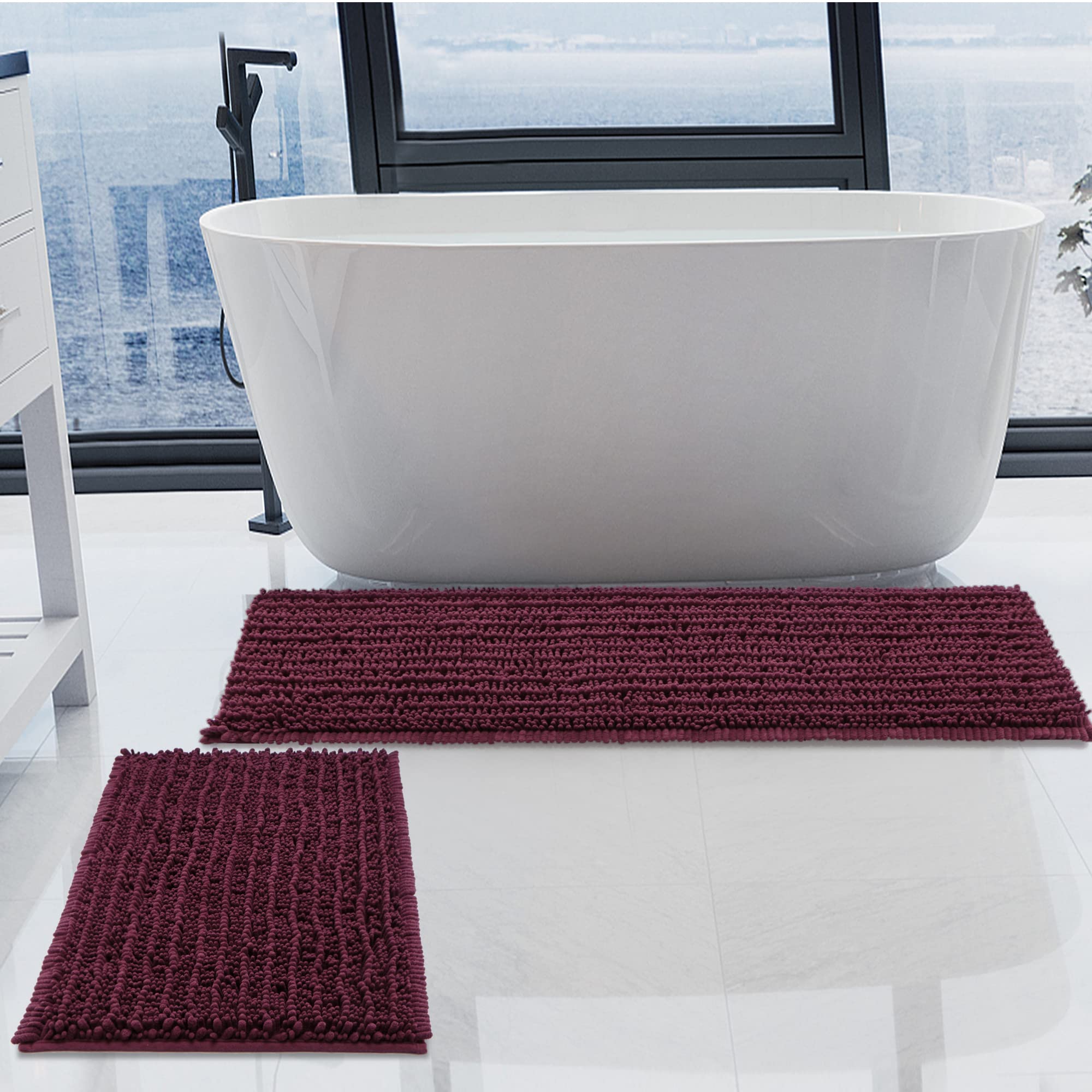 Luxury Chenille Burgundy Bathroom Rug Set 2-Piece - Super Soft & Absorbent Bath Mats with Non-Slip Hot Melt Rubber Backing, Quick-Dry & Machine Washable - Perfect for Bathroom, Shower, and Pet-Friendly Floor Mat for Dogs & Puppies