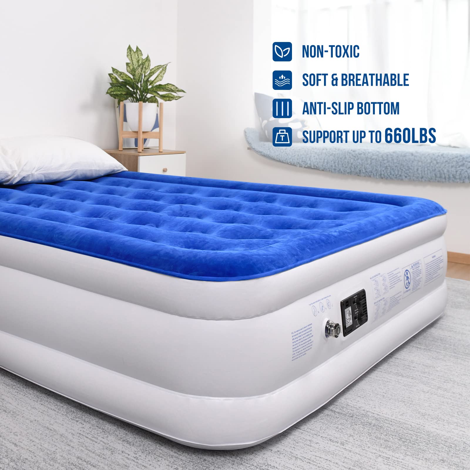 **Queen Size Air Mattress with Built-in Pump - 20 Inch Double High Inflatable Air Bed for Home, Camping & Guests | 3-Minute Quick Inflation, Water-Resistant Flocked Top | Perfect for Spare Beds, Sleepovers & Outdoor Adventures**