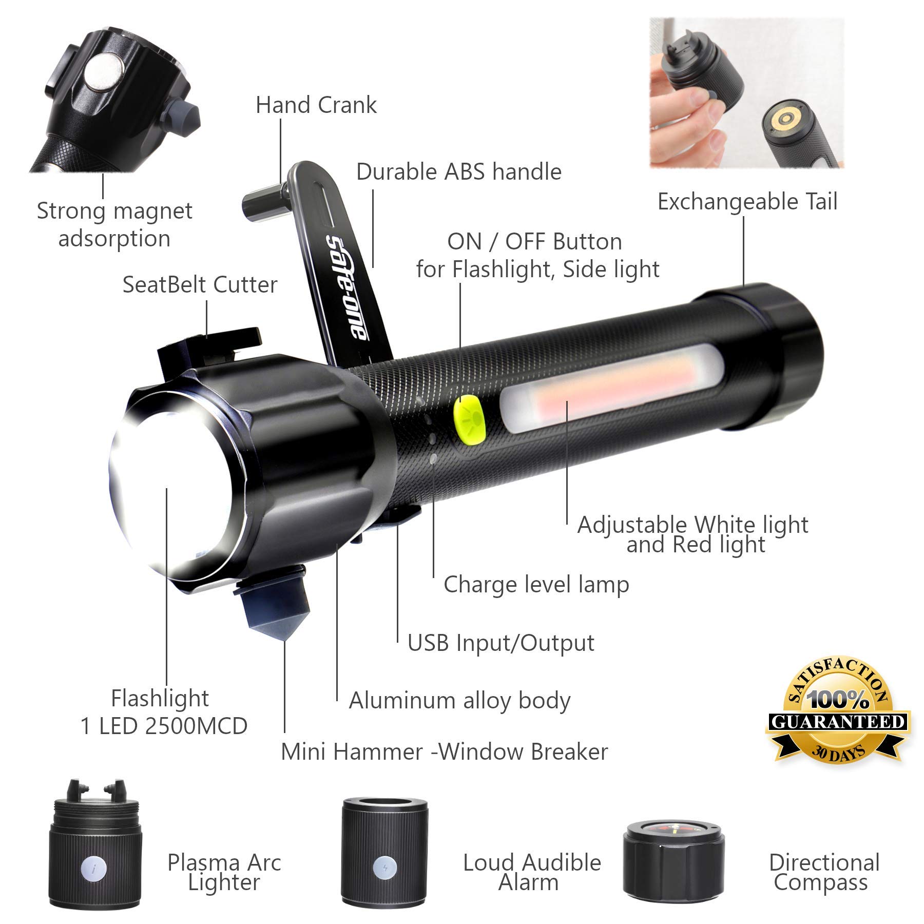 Emergency Car Flashlight with LED Light, Window Breaker & Seatbelt Cutter - USB Charging Port, Arc Lighter & Hand Crank - Perfect for Roadside Emergencies, Camping, Home Safety & Power Outages (Includes Alarm & Compass)