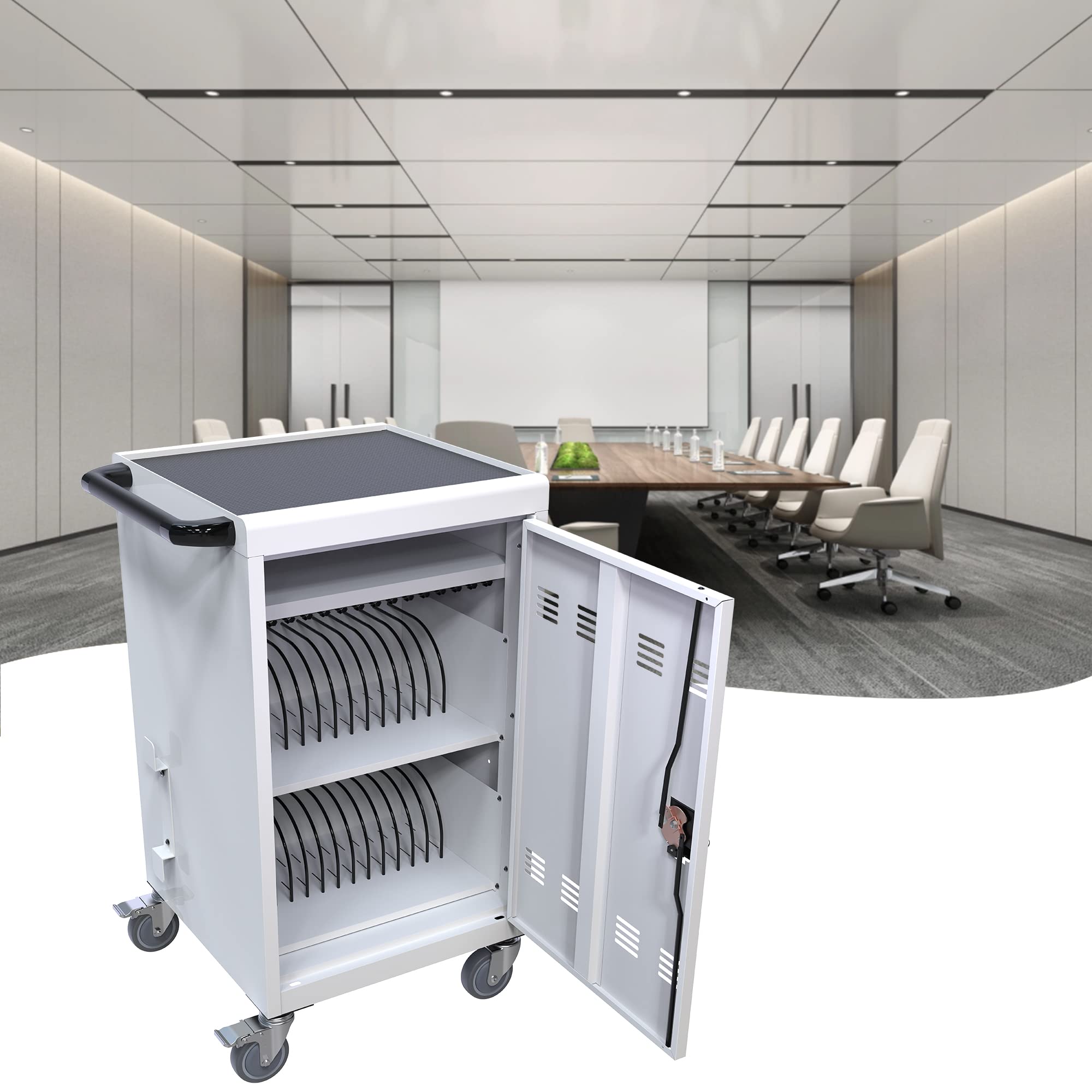 32 Device Charging Cart with Cord Management - Locking Laptop & Tablet Storage Cabinet for Classroom & Office - Holds Up to 16.3