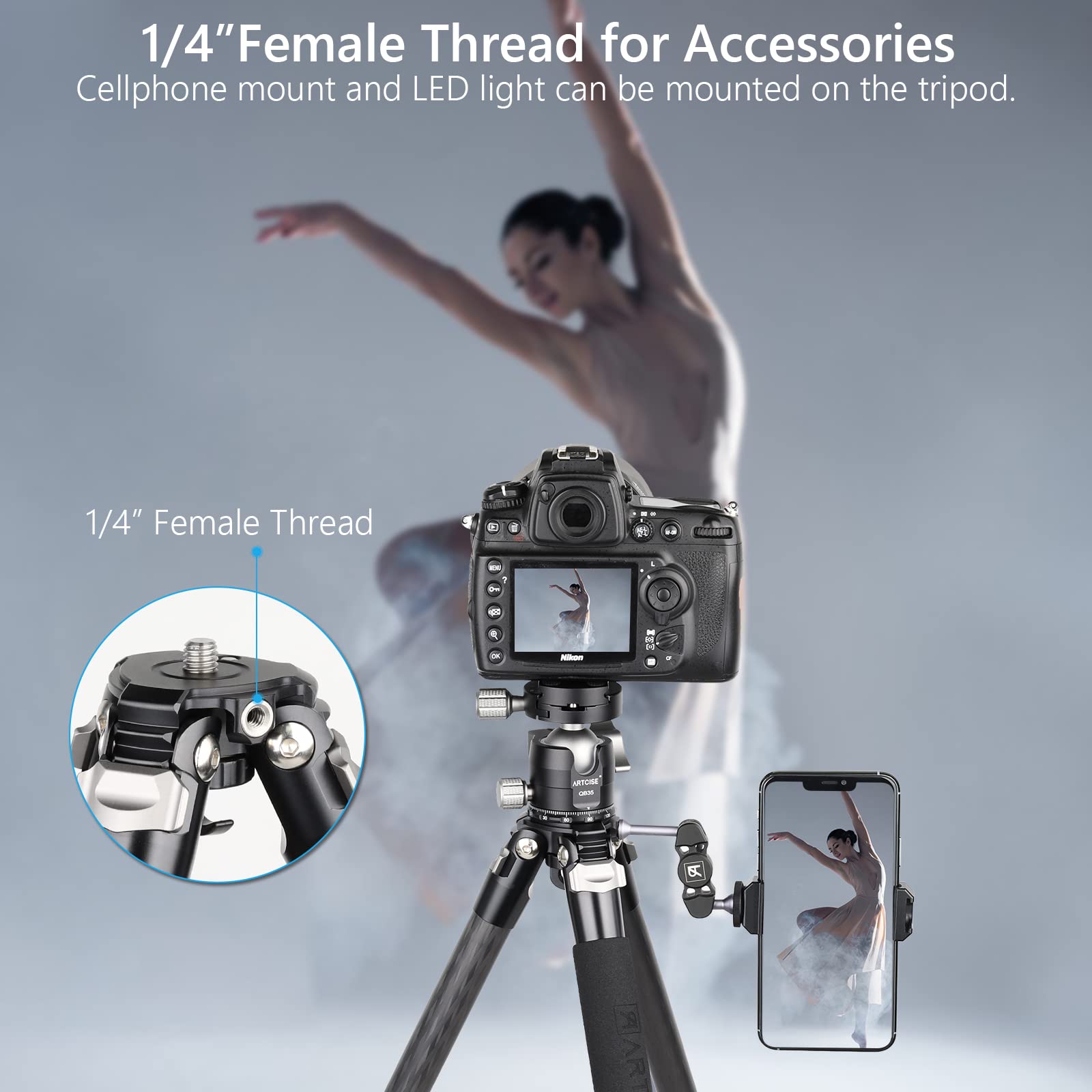 Compact 10-Layer Carbon Fiber Tripod with 35mm Low Profile Ball Head - Detachable Travel Monopod & Magic Arm + Phone Clip (15kg Max Load) - Perfect for Travel Photography, Vlogging & Outdoor Shooting