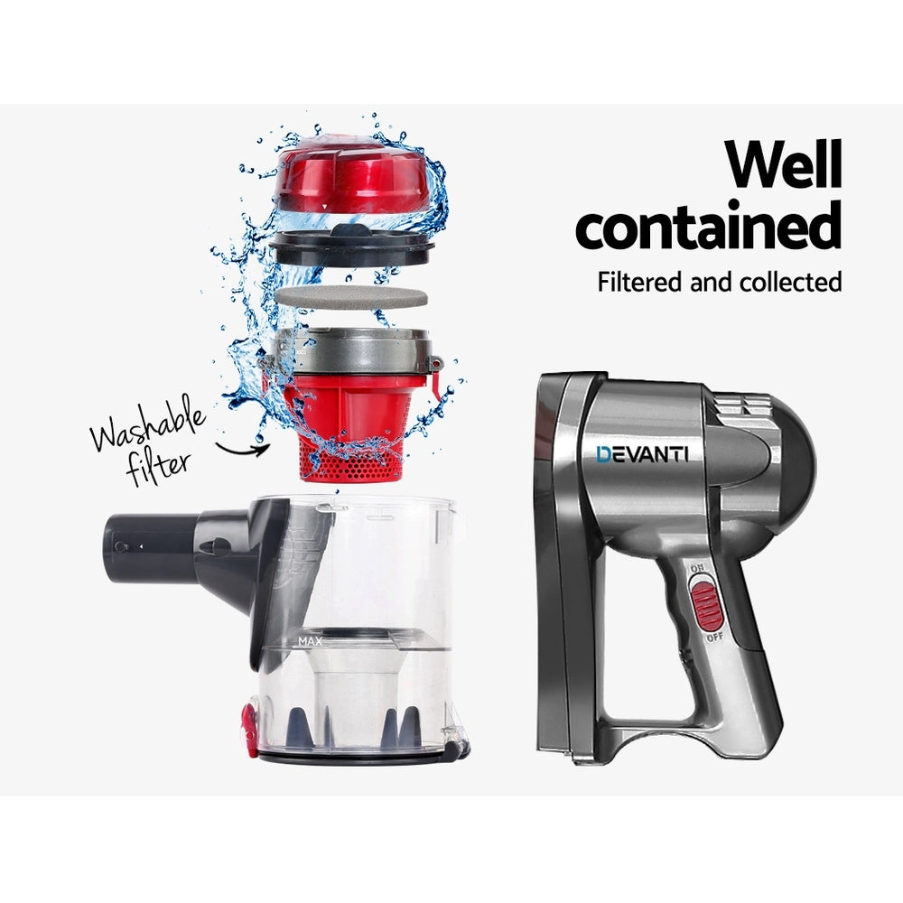 Devanti 450W Corded Stick Vacuum Cleaner - Lightweight Handheld Vacuum with Powerful Suction for Hard Floors & Carpets - Perfect for Quick Cleanups, Stairs & Tight Spaces (Red)