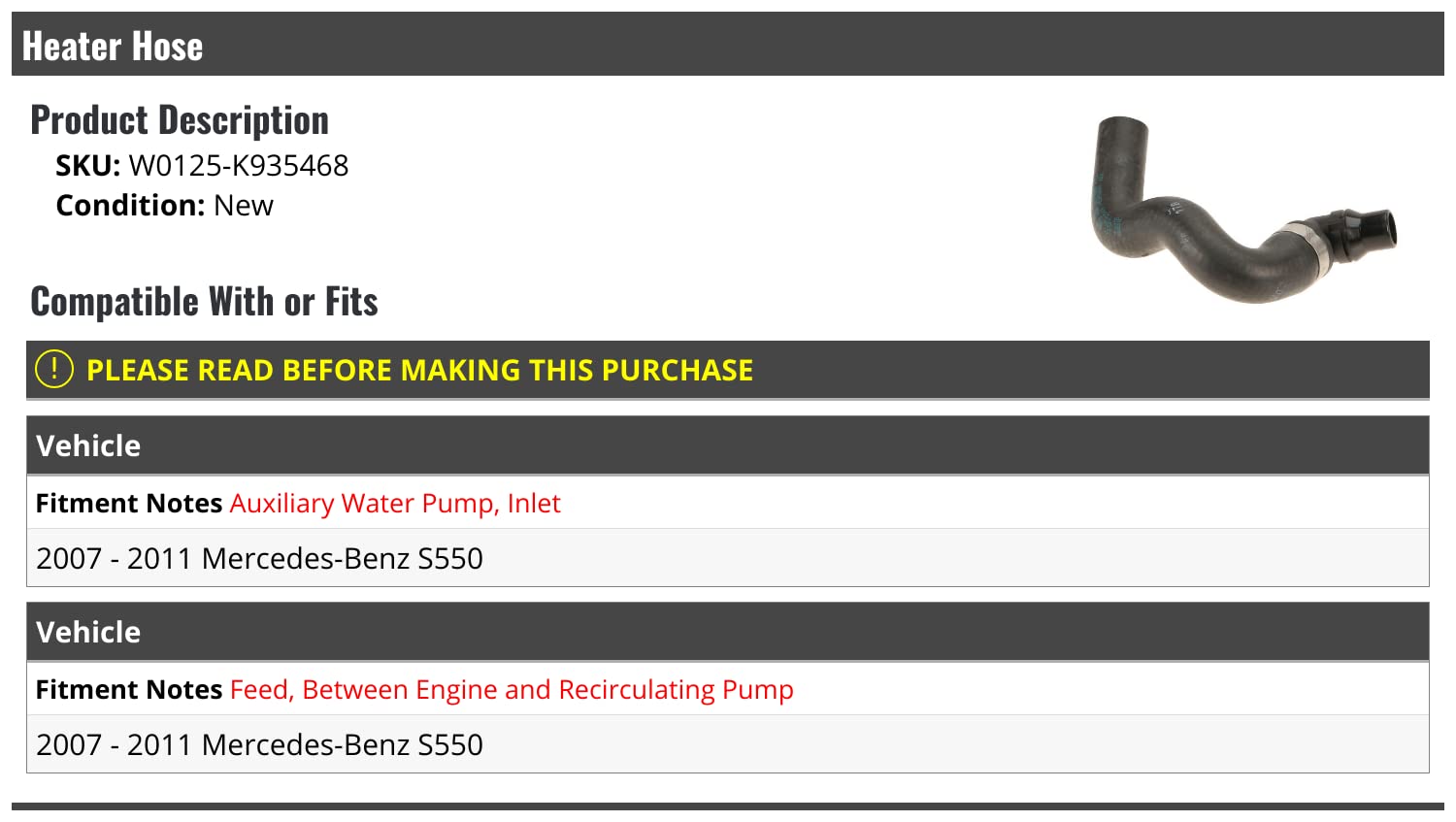 Mercedes-Benz S550 Heater Hose Replacement (2007-2011) - Durable OEM Fit for Engine Cooling System - Perfect for Winter Driving & Climate Control Maintenance