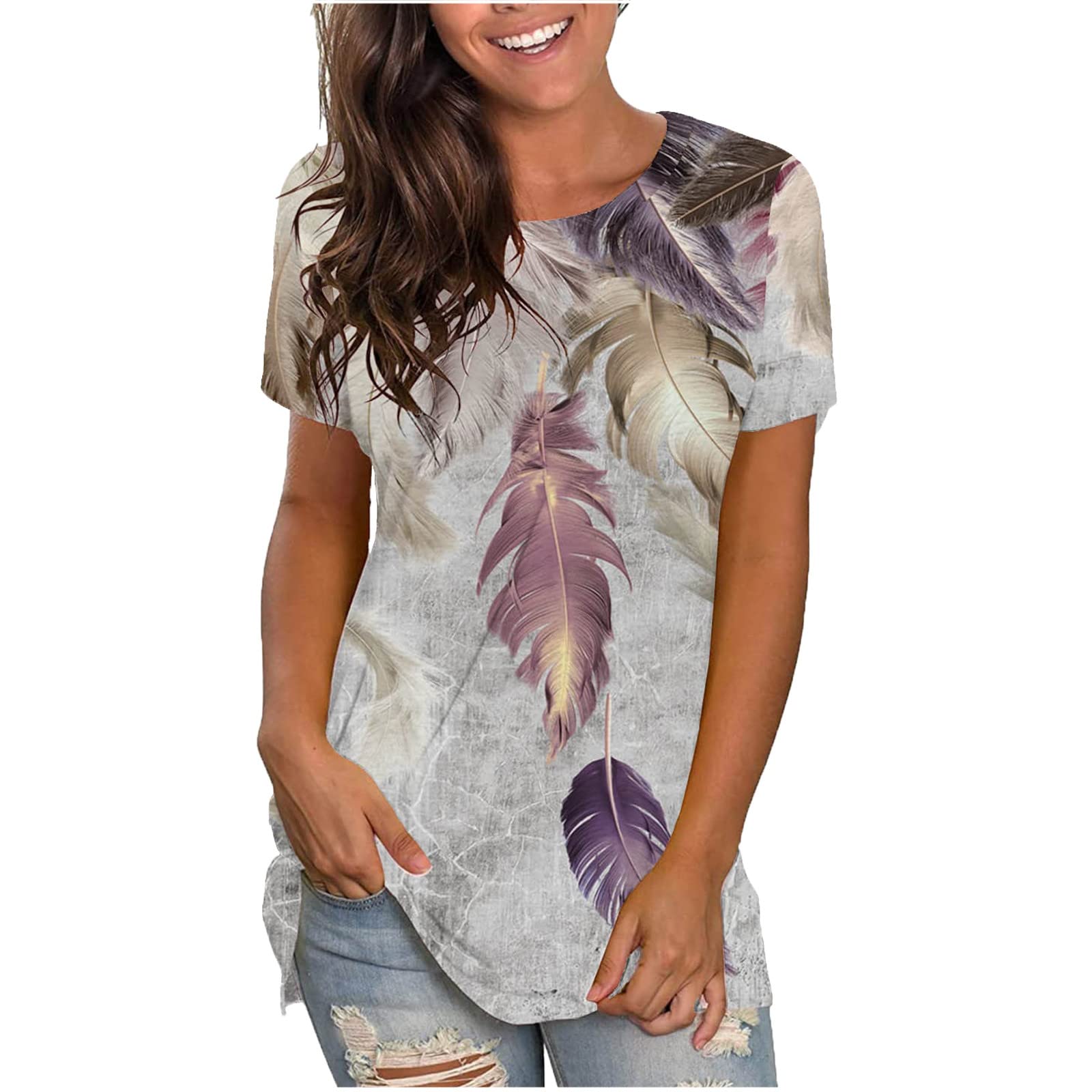MIANHT Women's Casual Feather Print T-Shirt - Round Neck Loose Fit Short Sleeve Tunic Top Blouse | Perfect for Everyday Wear, Weekend Outings & Summer Fashion