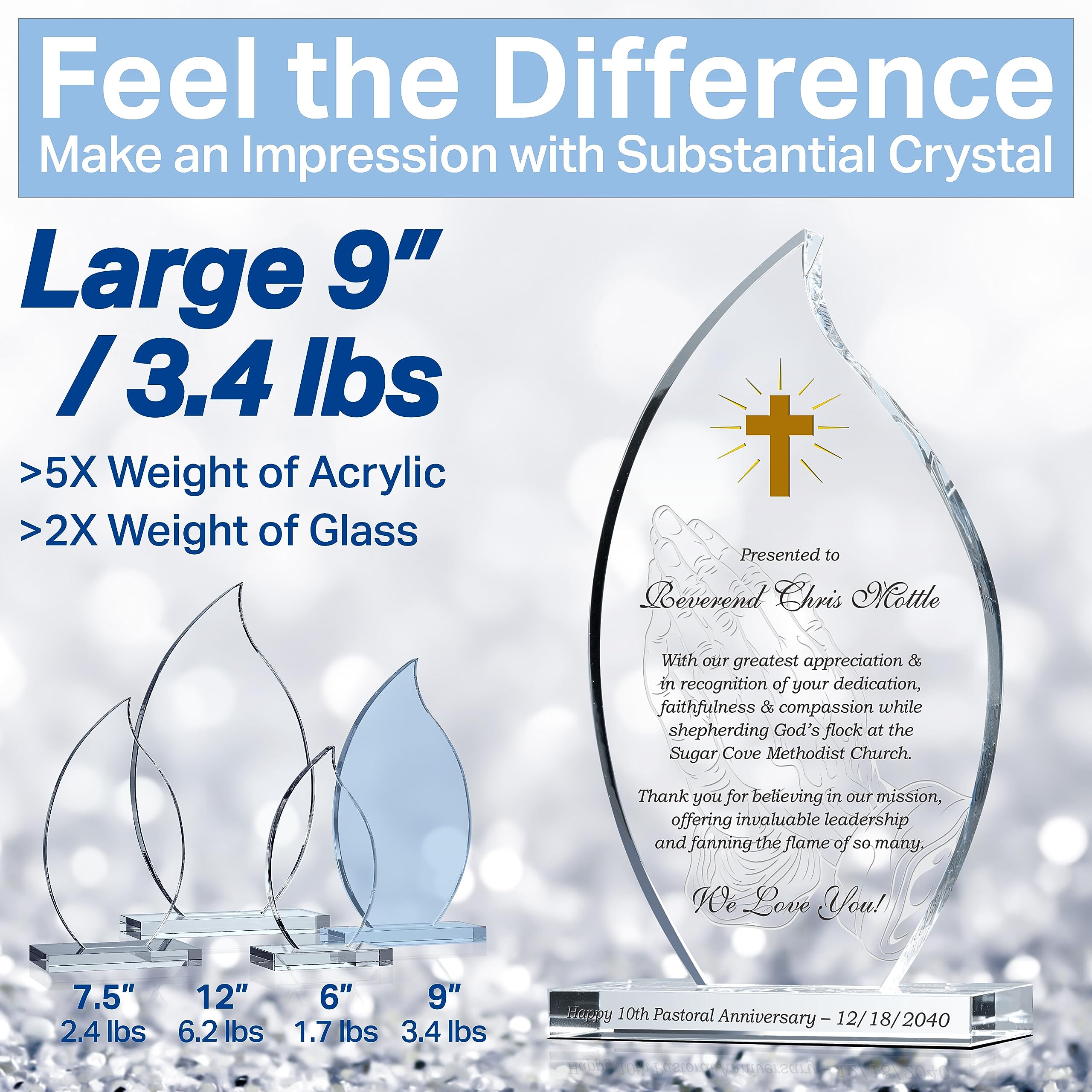 Custom Engraved Crystal Flame Pastor Appreciation Gift Plaque with Praying Hands - Personalized Pastoral Anniversary Present - 9 Inch Unique Minister Gift for Church Celebrations & Ordination Ceremonies