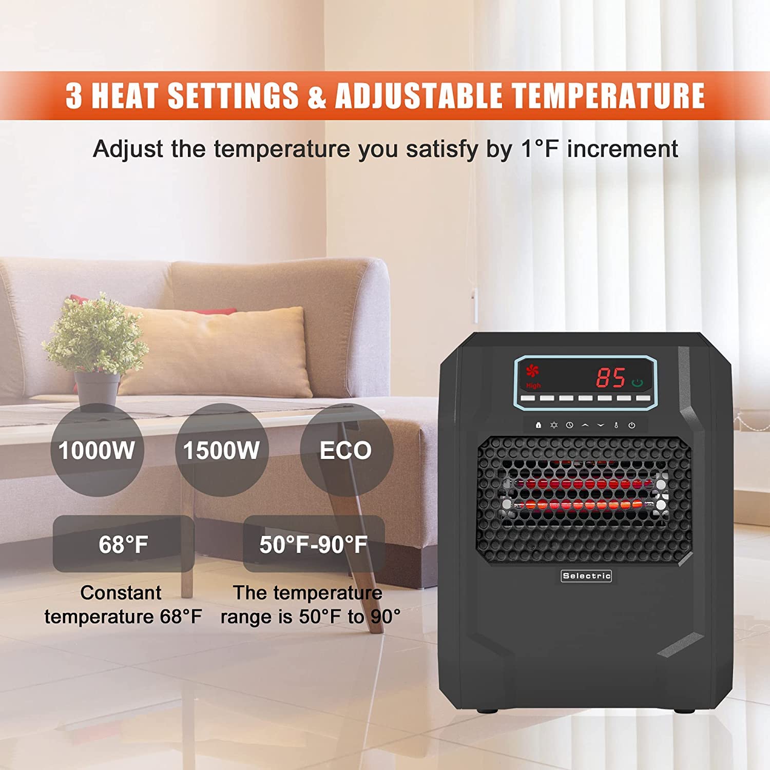 VOLTORB Freestanding Portable Electric Space Heater with LED Display & Remote Control - 1500W Fast Heating, Fan Only Mode, Quiet Operation for Bedroom, Office, Indoor Use - Energy Efficient Black Heater for Winter & Cold Weather