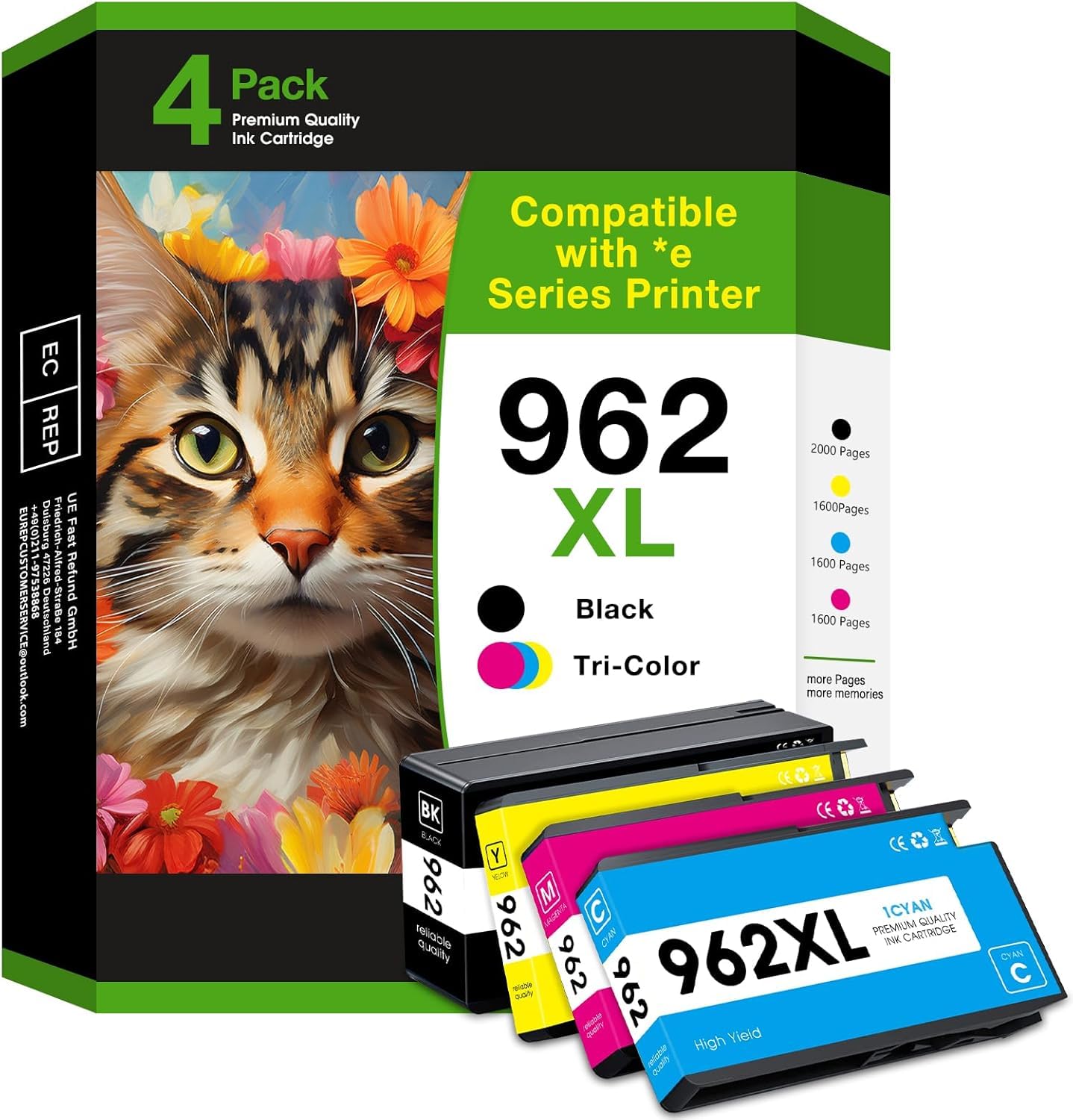 HP 962XL Compatible Ink Cartridge Replacement - 4 Pack (Black, Cyan, Magenta, Yellow) for HP OfficeJet Pro 9010-9025 Series Printers | High-Quality Printer Ink for Home & Office Use