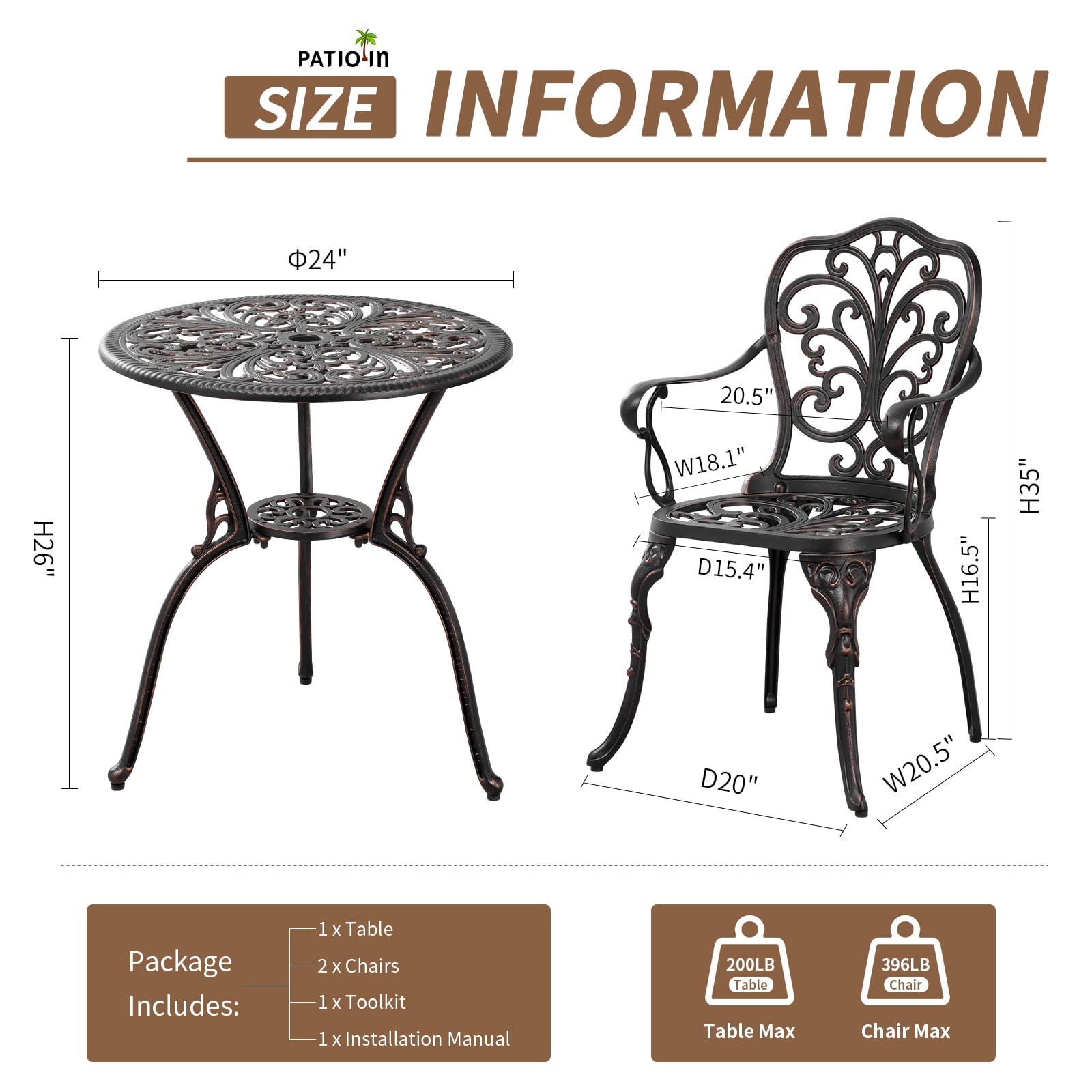 3 Piece Cast Aluminum Bistro Set - Bronze Outdoor Dining Table with 2 Chairs, Patio Furniture for Backyard, Balcony & Deck - Includes 1.97