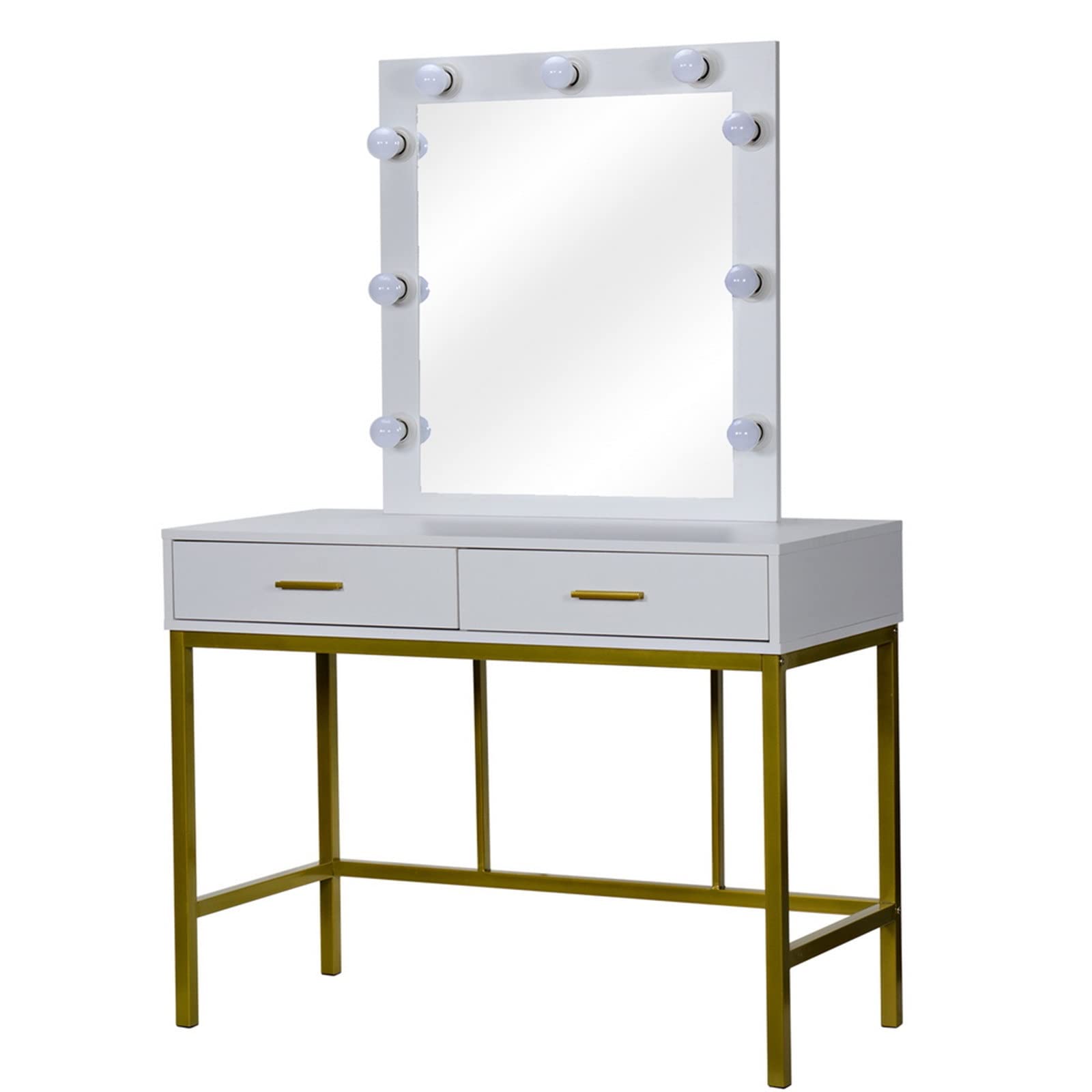 DAMML Vanity Table with LED Lighted Mirror, 9-Light Makeup Dressing Table with 2 Drawers - Gold & White Vanity Desk Set for Women's Bedroom | Perfect for Makeup Application, Skincare Routine & Home Decor