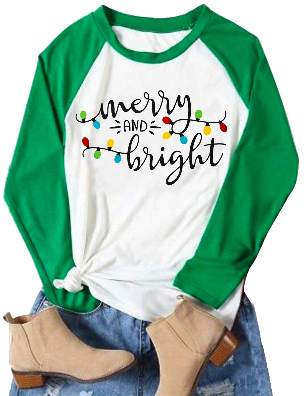 JINTING Women's Merry & Bright Printed 3/4 Sleeve Christmas T-Shirt - Holiday Raglan Baseball Tee for Casual Wear, Christmas Parties & Festive Gatherings