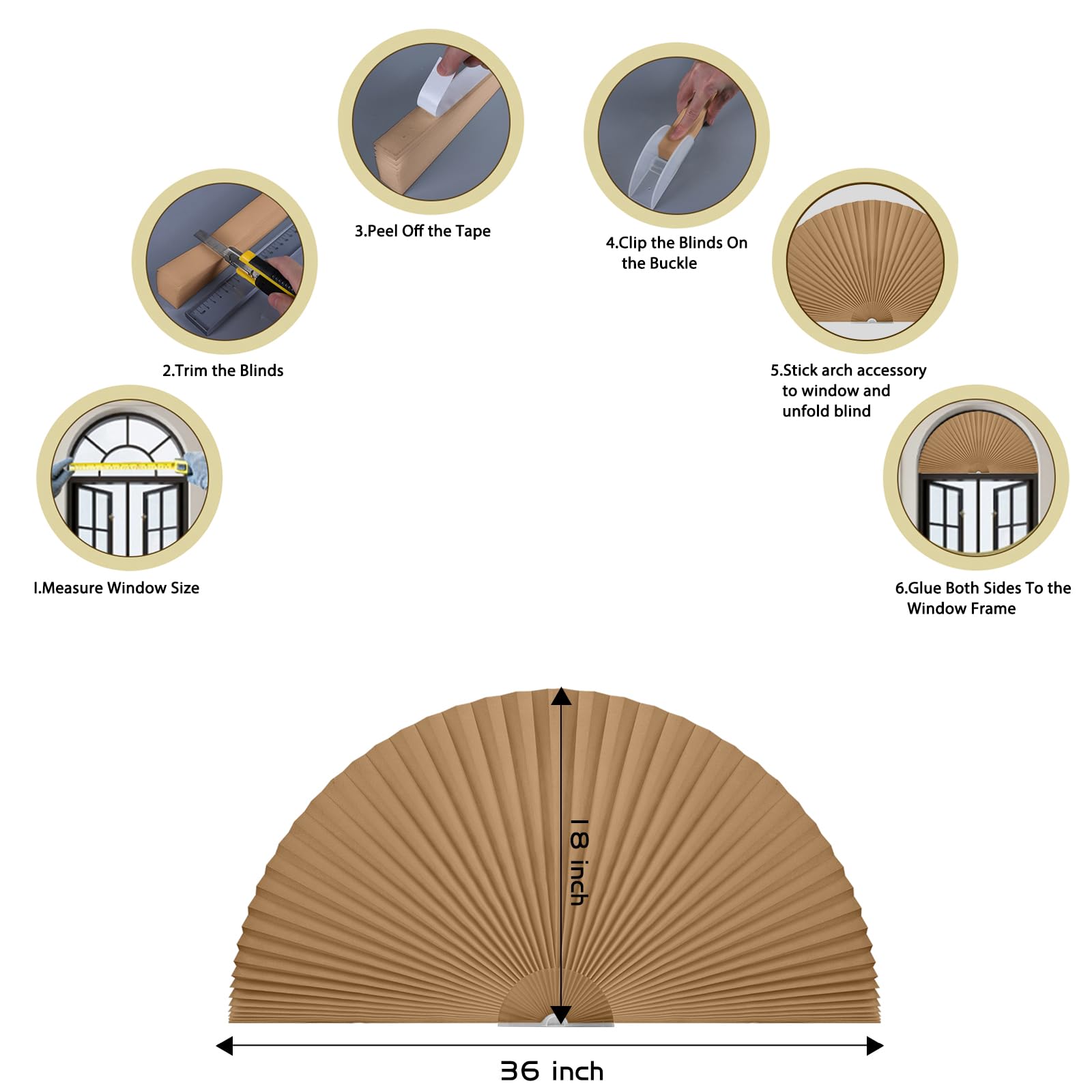Half Circle Arch Window Shades - 36x18 Inches Brown Pleated Fabric Blinds | Light Filtering Semi Circle Window Coverings | Easy to Cut & Install | Perfect for Dormers, Attics & Unique Shaped Windows