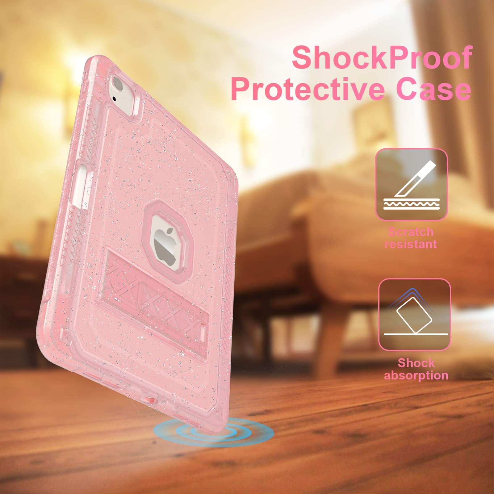 Stylish Clear Pink Glitter iPad Air 5th/4th Generation Case (2022/2020 Model) - Slim Hard Protective Cover with Pencil Holder & Stand for 10.9