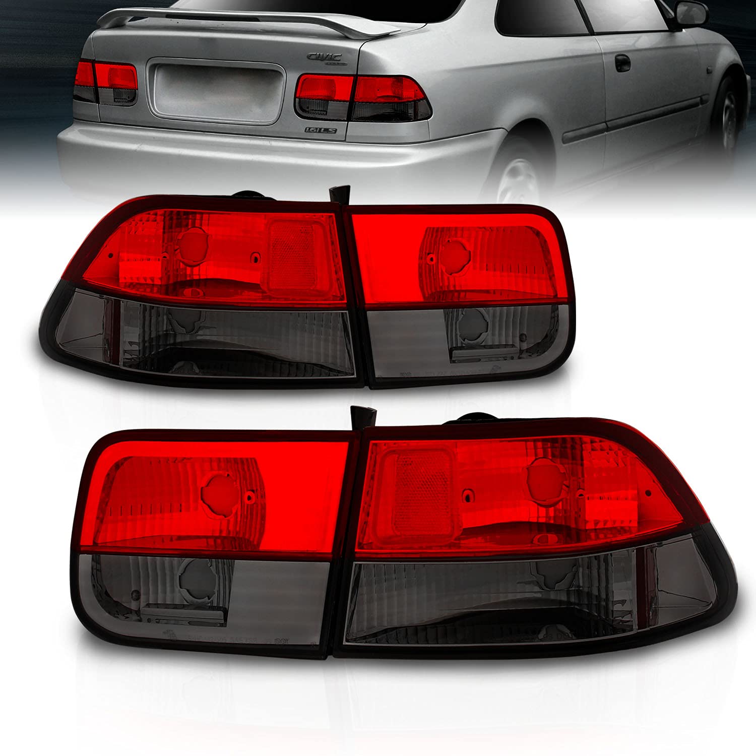1996-2000 Honda Civic Coupe Red Smoke Crystal LED Brake Tail Lights - 4pc Complete Set (Driver & Passenger Side) | High Visibility, Easy Installation | Perfect for Night Driving & Car Customization
