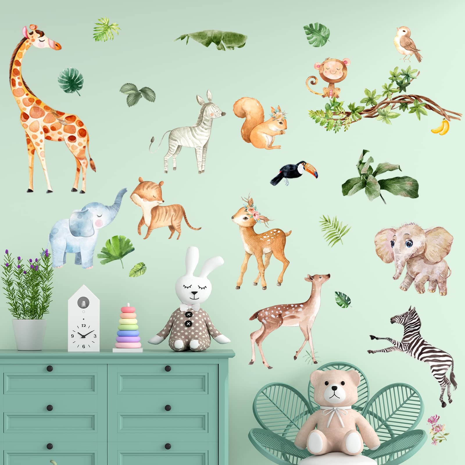 Jungle Wall Decals - Peel and Stick Floral Wall Stickers for Nursery, Kids Bedroom, Living Room & Playroom - Removable Home Wall Art Decor for Jungle Theme Party & Baby Shower Decorations