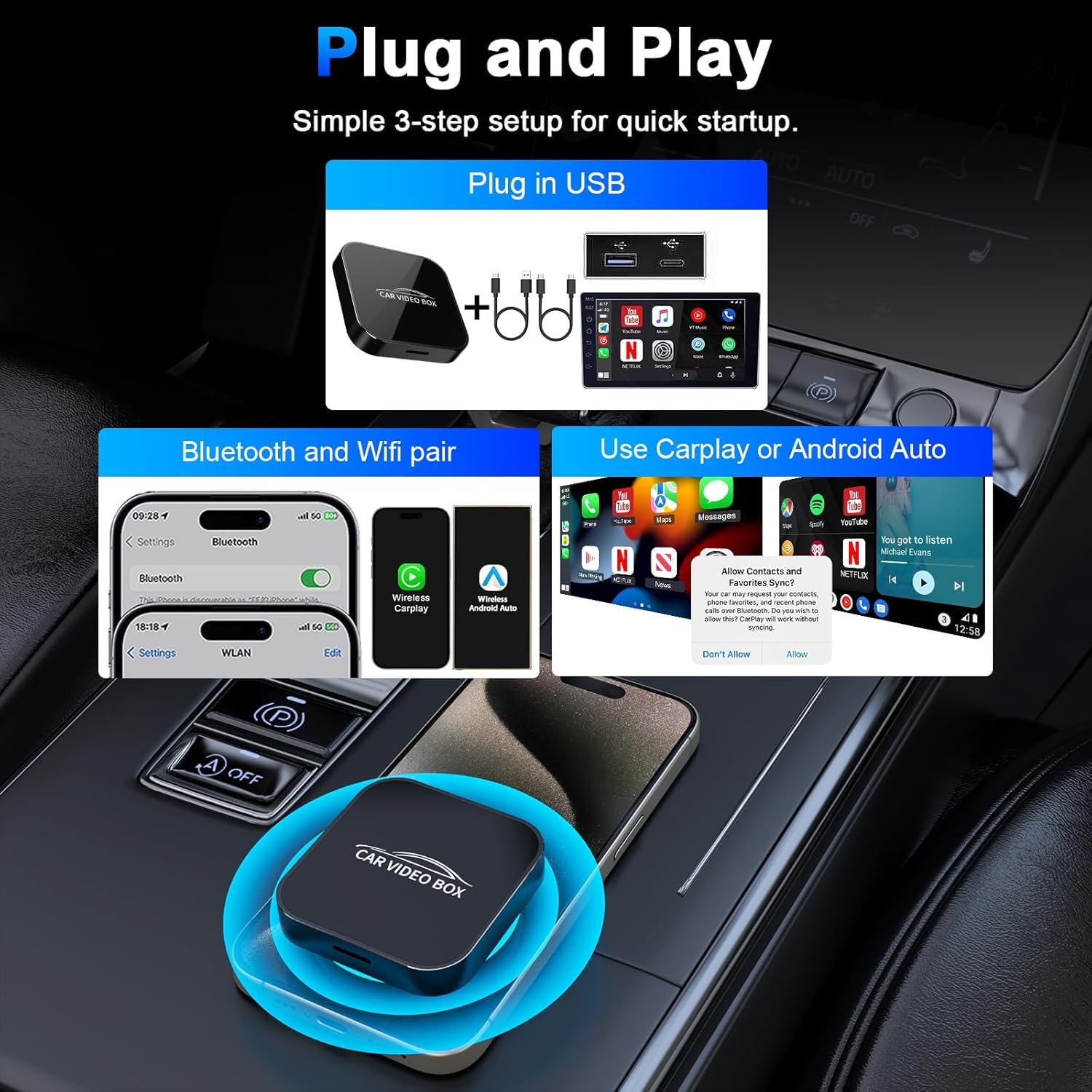 2024 Wireless CarPlay Adapter for iPhone - 5GHz WiFi Android Auto Dongle with YouTube Streaming | Plug & Play Setup | Convert Wired to Wireless CarPlay | Perfect for Tesla, BMW, Toyota & More | Enjoy Movies, Music & Navigation on Your Car Screen