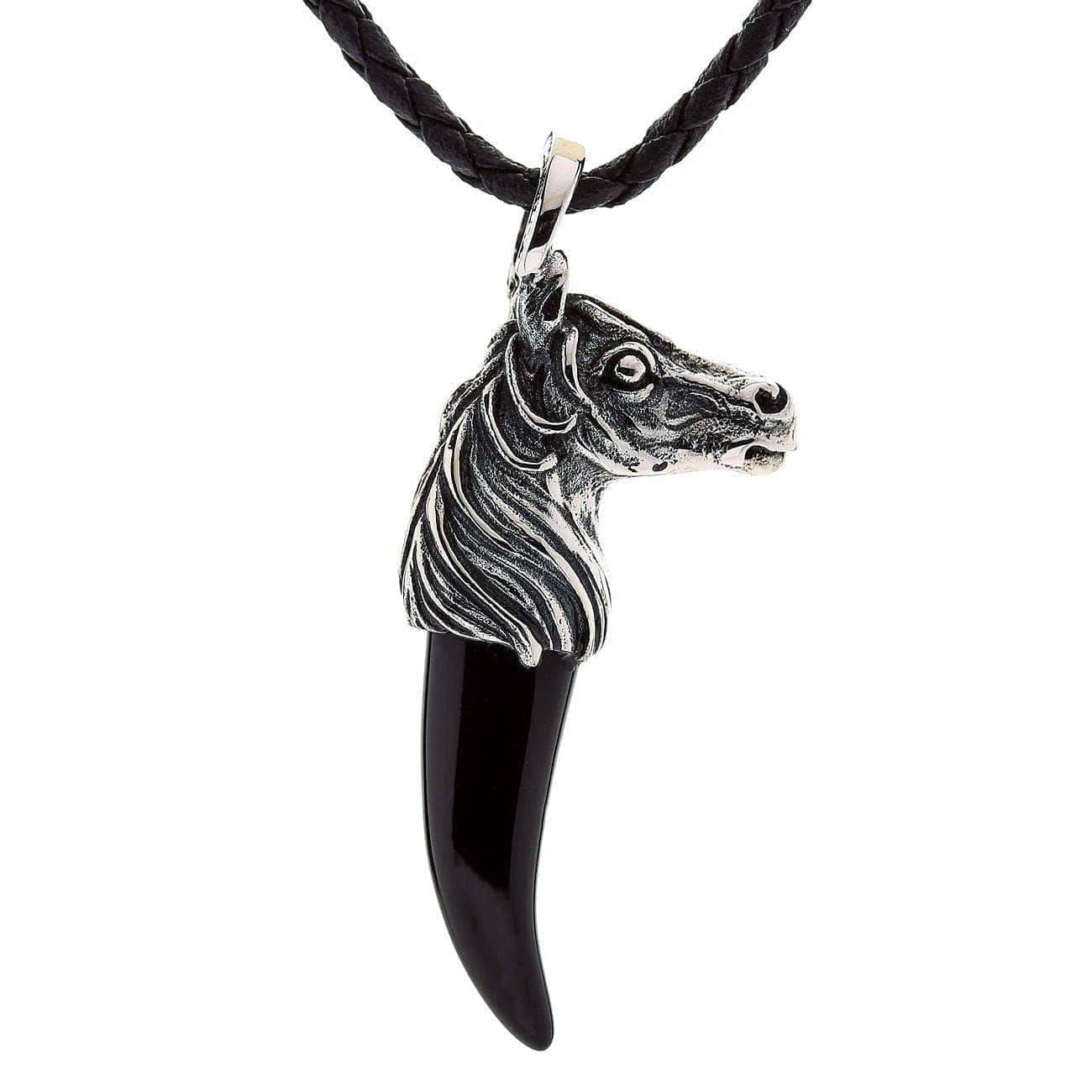 Black Onyx Fang Tusk Horse Sterling Silver Pendant Necklace for Men - Gothic Jewelry for Everyday Wear, Gift for Him, Spiritual Protection Amulet