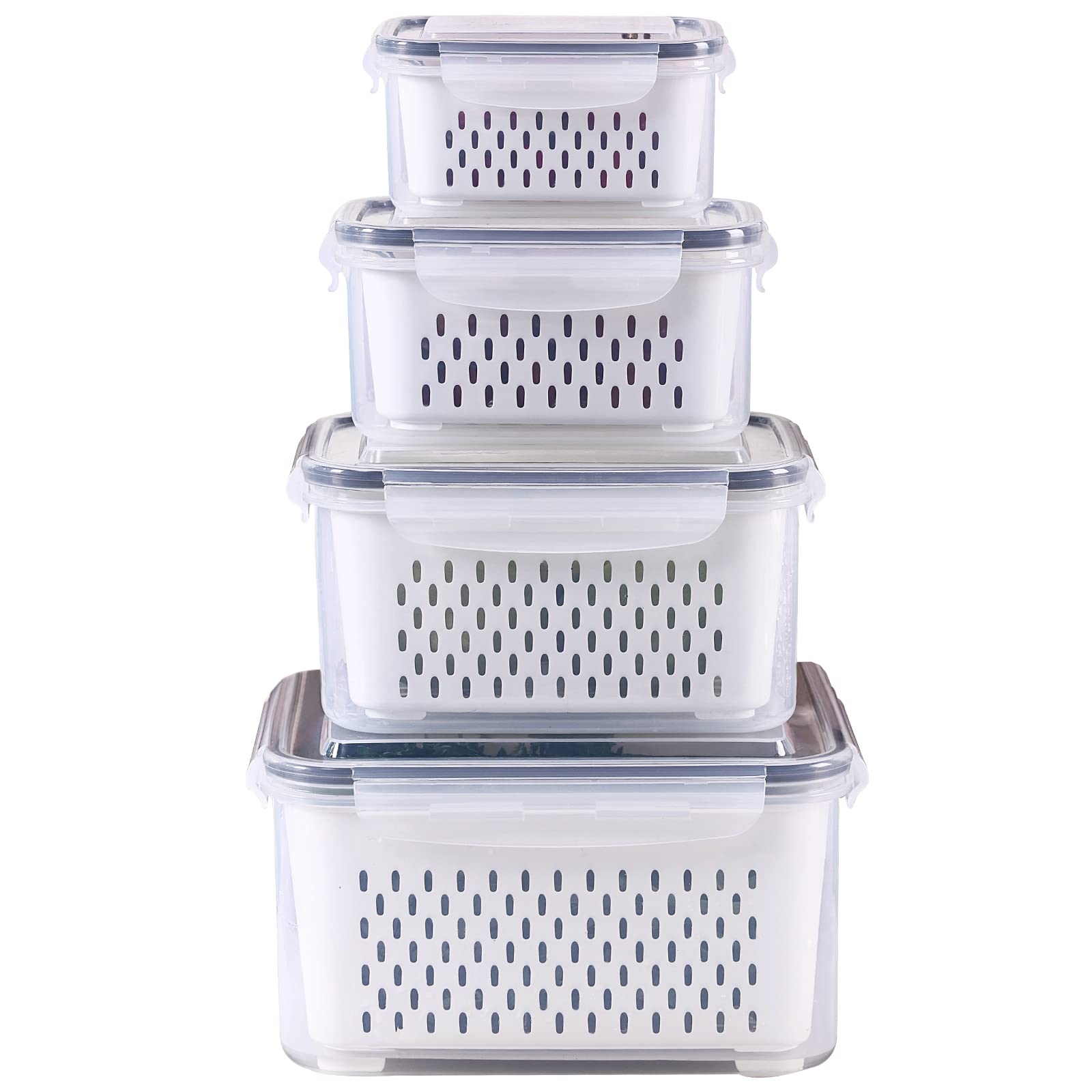 4-Pack Large BPA-Free Plastic Food Storage Containers with Lids & Strainer - Airtight Fridge Organizers for Fruits, Vegetables, Berries & Meat - Keep Produce Fresh Longer - Perfect for Meal Prep, Kitchen Organization & Refrigerator Storage