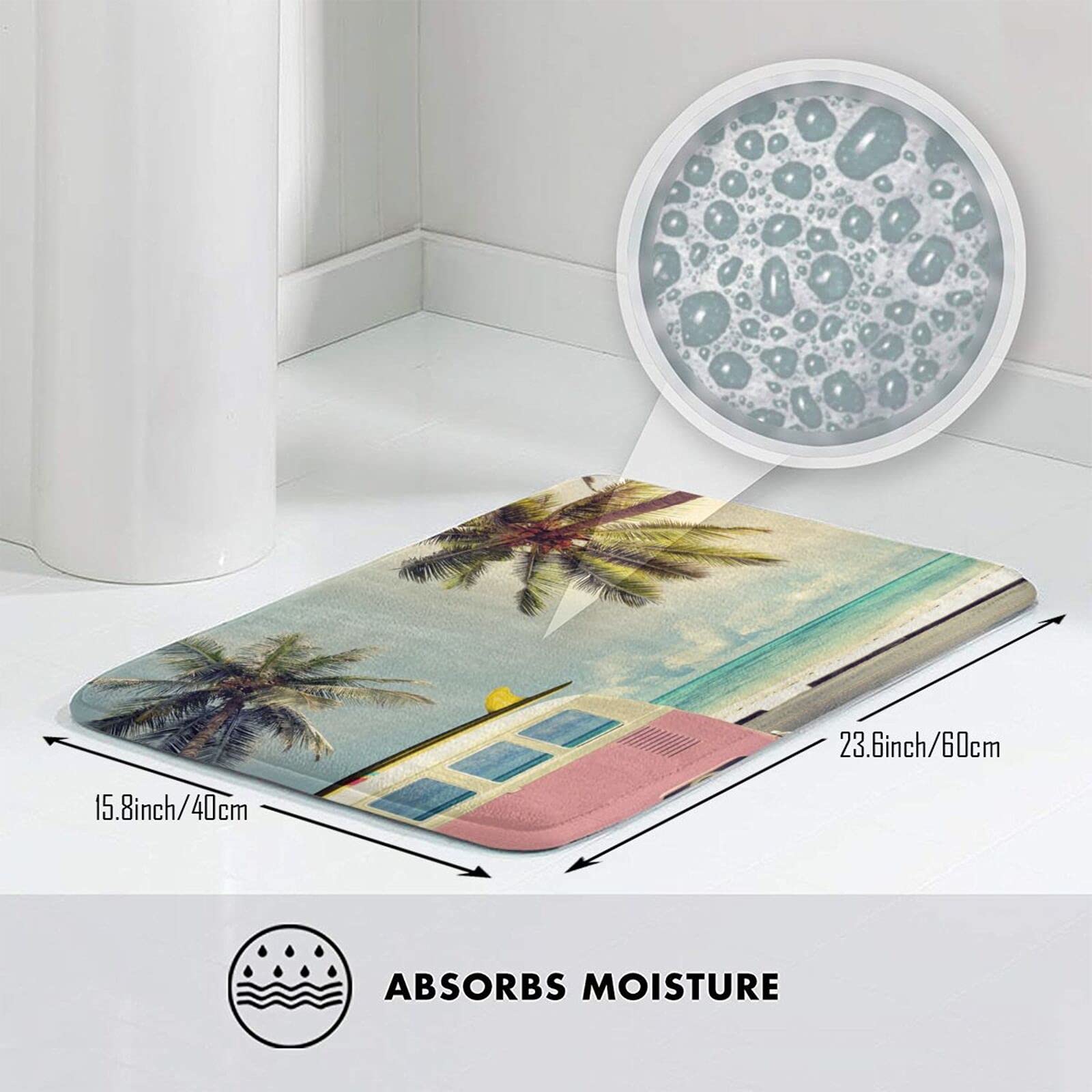 Soft Plush Non-Slip Beach Tropical Palm Bath Mat - Absorbent Washable Bathroom Floor Rug for Shower, Kitchen Sink & Bath Decor - Perfect for Coastal, Vacation & Spa Style Homes