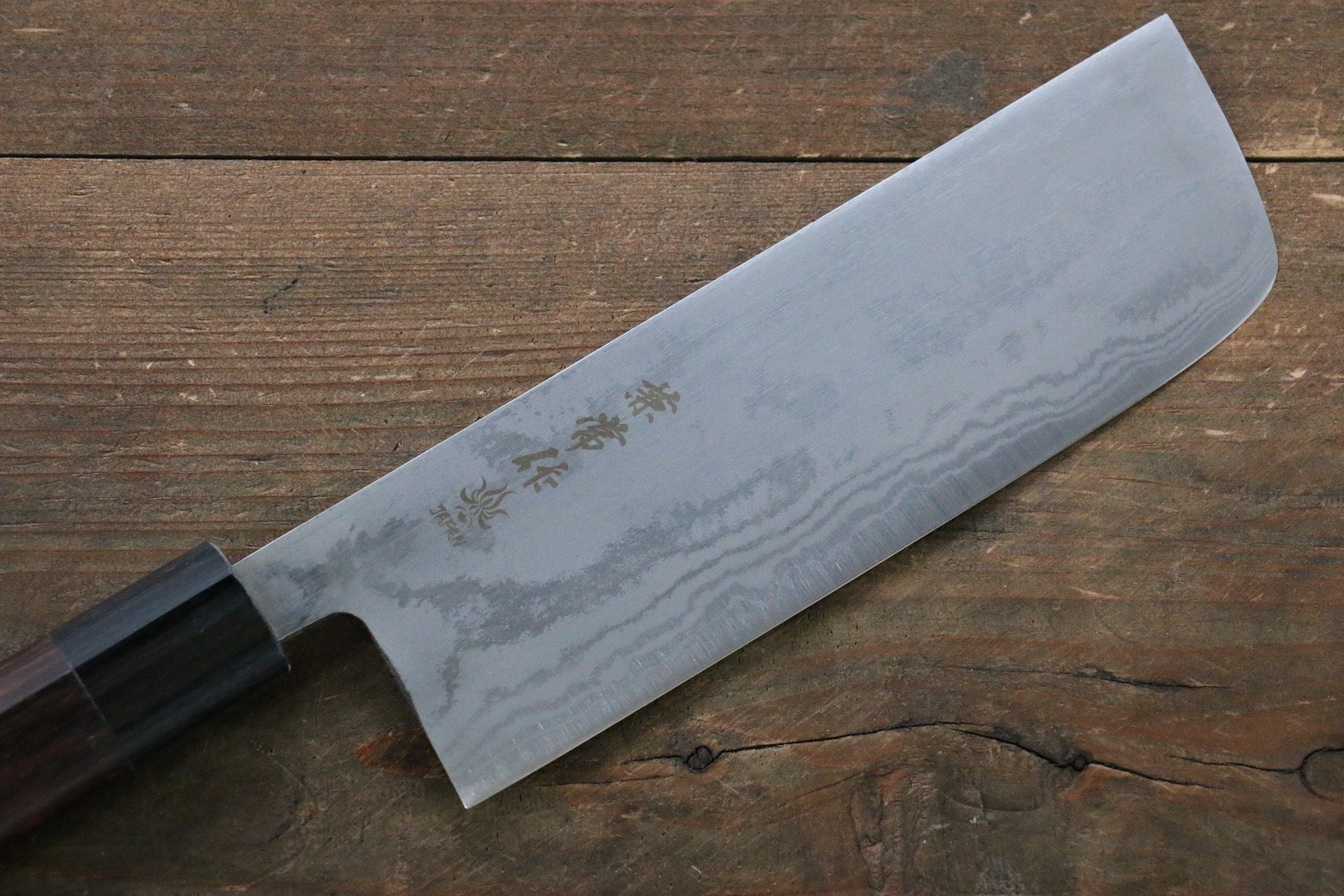 Kanetsune Blue Steel No.2 Damascus Nakiri Knife 165mm - Premium Japanese Kitchen Knife with Shitan Handle for Professional Chefs & Home Cooking - Perfect for Slicing, Dicing Vegetables & Herbs