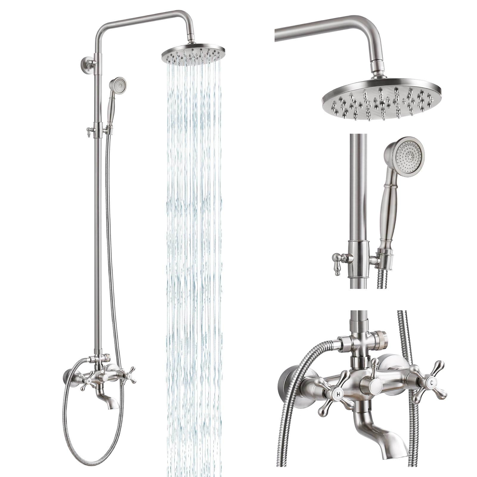 Gotonovo 8 Inch Exposed Shower Faucet Set - 3-Function Rainfall Showerhead with Tub Spout & Cross Handles - Brushed Nickel Shower System for Bathroom Remodel & Spa Experience