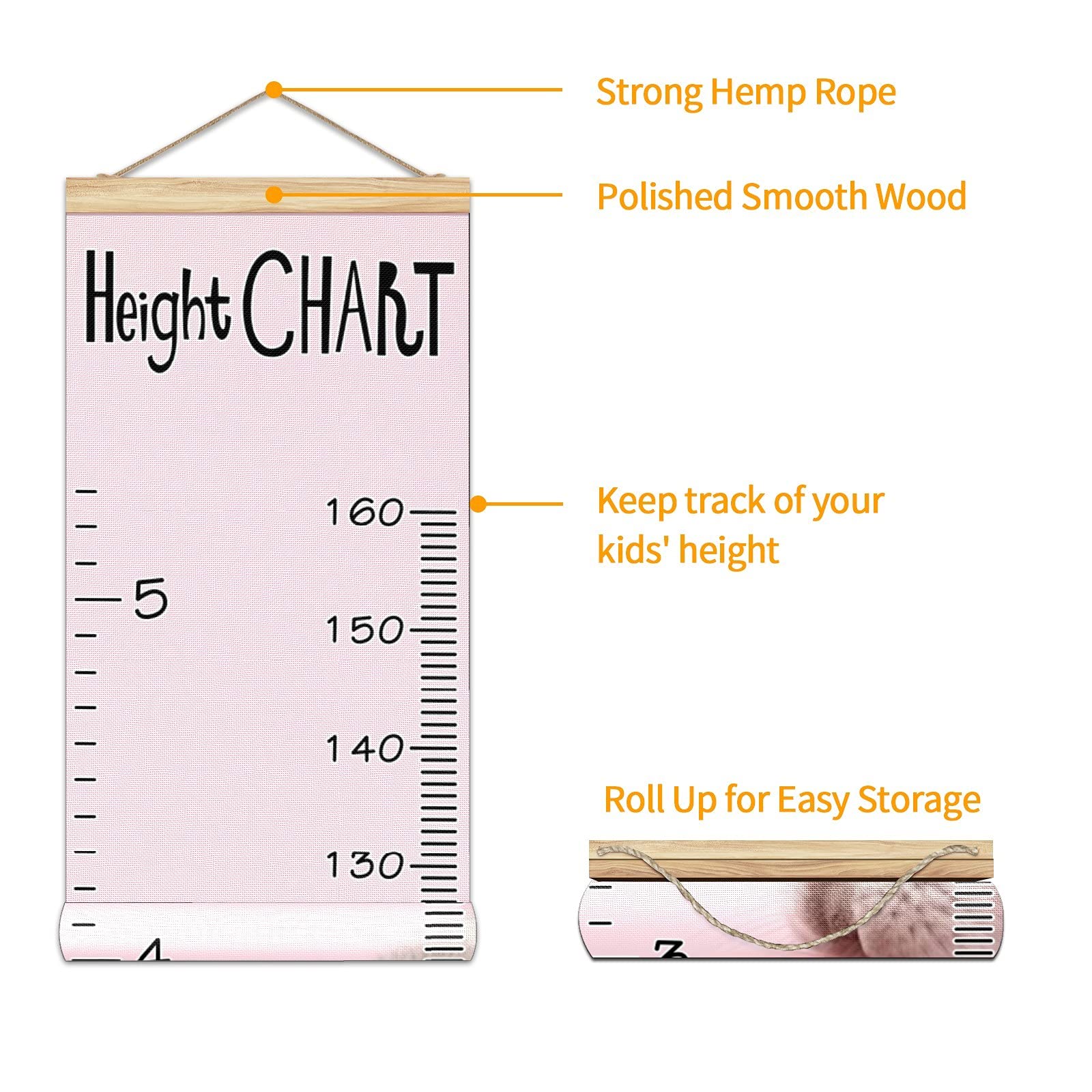 Wooden Kids Growth Chart Ruler - 13.4x56 Inch Wall Mounted Height Measure for Boys & Girls | Easter Rabbit Egg Design in Pink Linen | Perfect for Nursery, Bedroom Decor & Easter Gifts