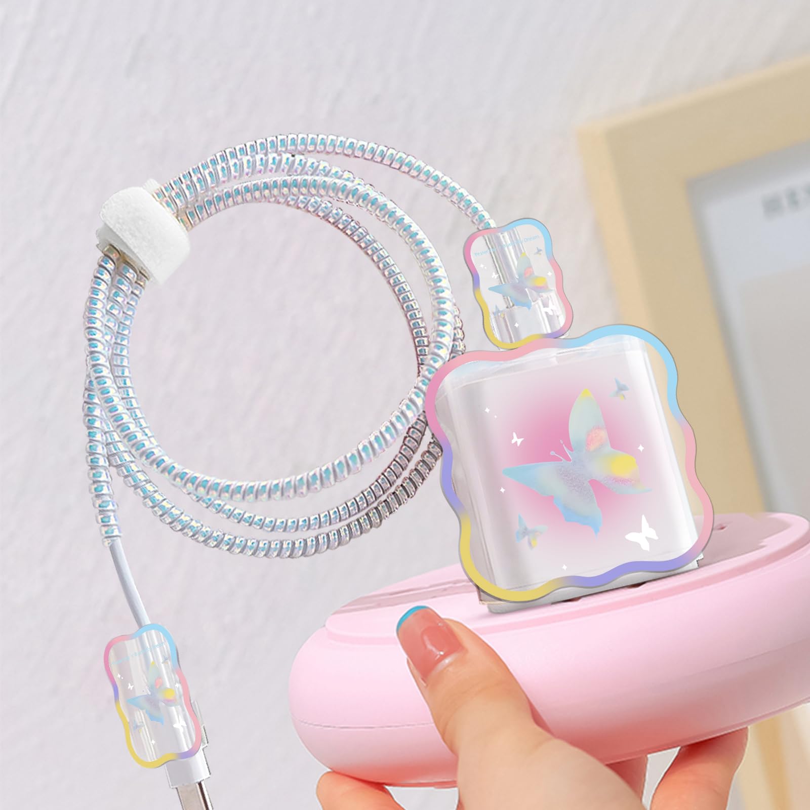 Glitter Butterfly DIY Cable Protector for iPhone Charger - Cute Waves Design USB Wire Saver Compatible with iPhone 11/12/13/14 Pro Max/Plus/XS - Perfect for Home, Office & Travel Accessories