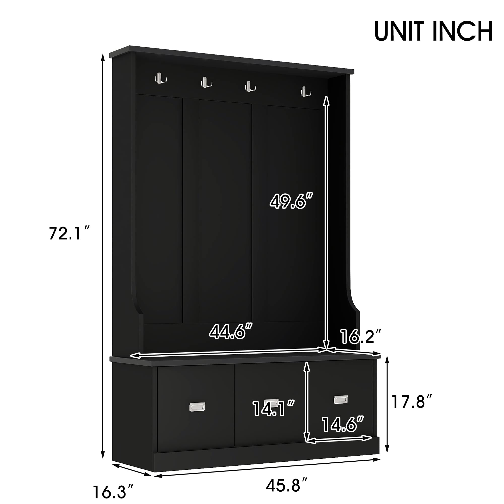 Yoluckea 3-in-1 Hall Tree with 4 Hooks & 3 Large Drawers - Entryway Storage Bench, Coat Rack & Shoe Bench for Hallway, Foyer or Mudroom Organization (Black) - Perfect for Small Spaces & Home Entry Storage Solutions
