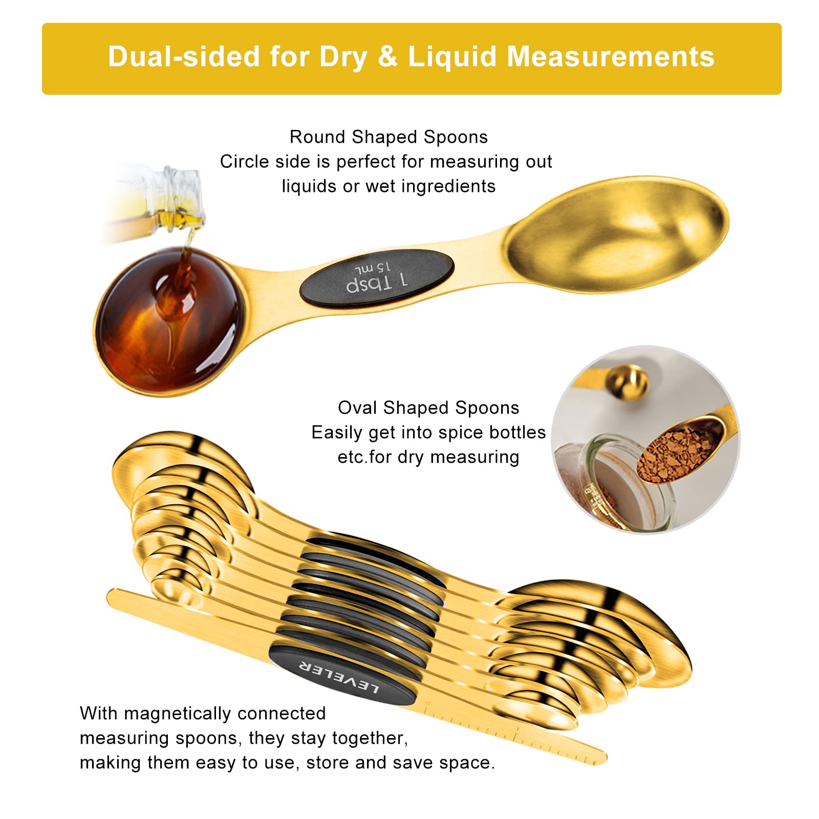 Premium 15-Piece Gold Measuring Cups and Spoons Set - 18/8 Stainless Steel Kitchen Tools with 7 Nesting Cups & 8 Magnetic Spoons - Perfect for Baking, Cooking, Meal Prep and Gift Giving