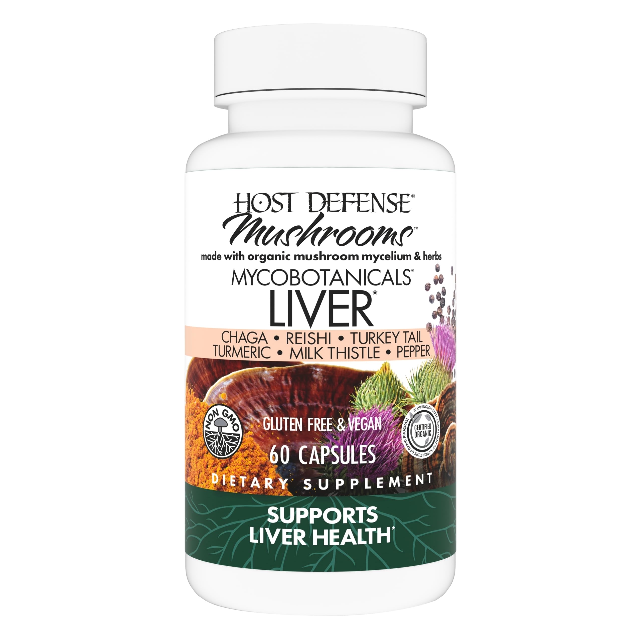 Host Defense MycoBotanicals Liver Support Capsules - Organic Liver Health Supplement with Milk Thistle, Turmeric Root & Medicinal Mushrooms (Turkey Tail, Reishi, Chaga) - 60 Vegan Capsules (30 Servings) - Natural Detox & Immune Booster for Daily Wellness