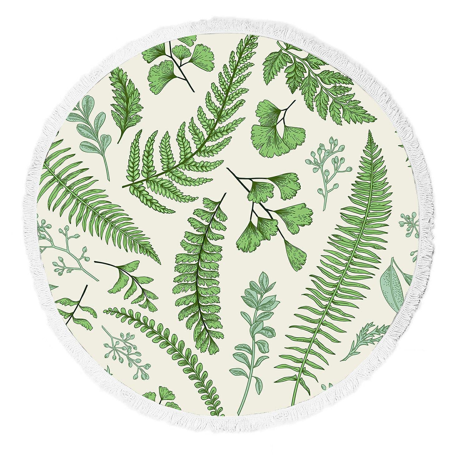 ABPHQTO Floral Leaves Herbs Botanical Boxwood Seeded Round Beach Blanket with Tassels - Waterproof Sandproof Picnic Yoga Mat for Outdoor, Travel, Camping, Park and Beach Activities