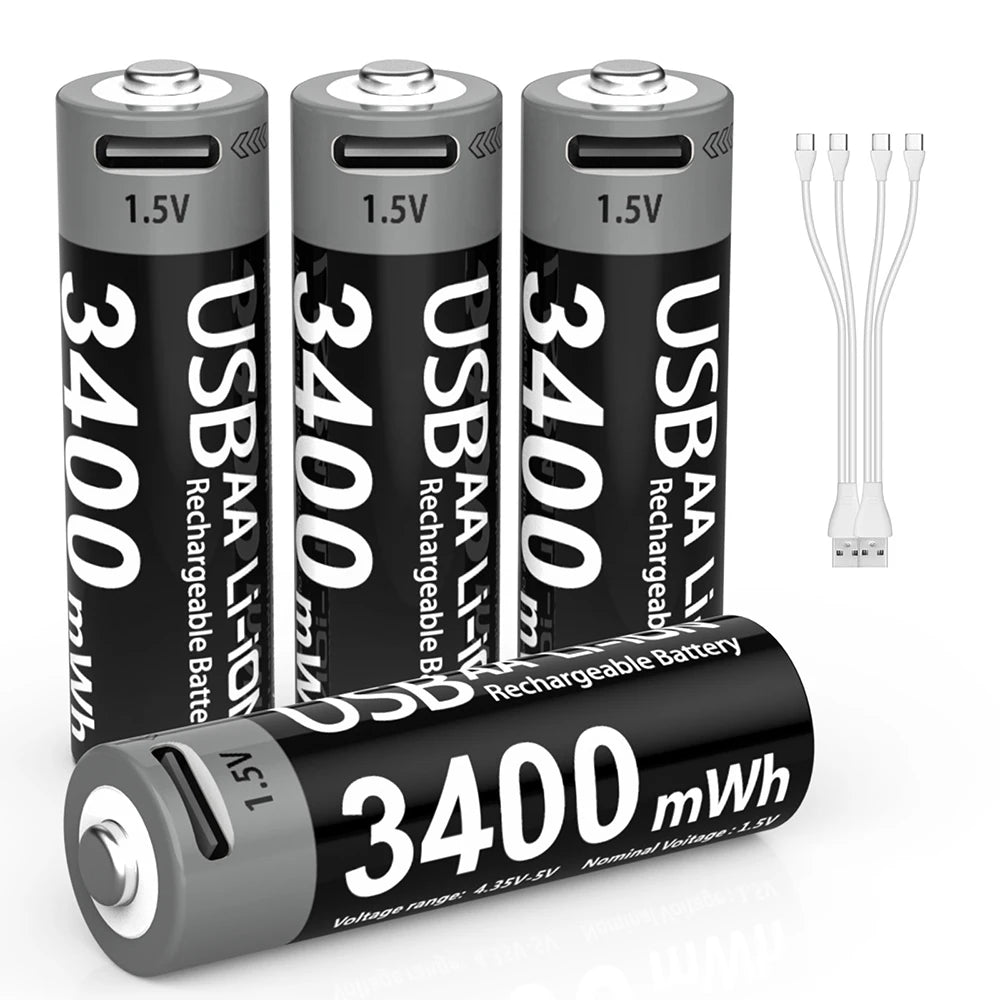 MATOV USB Rechargeable AA & AAA Lithium Ion Batteries - 3400mWh 1.5V AA Battery + 1100mWh 1.5V AAA Battery Pack for Cameras, Flashlights, Toys & Electronics