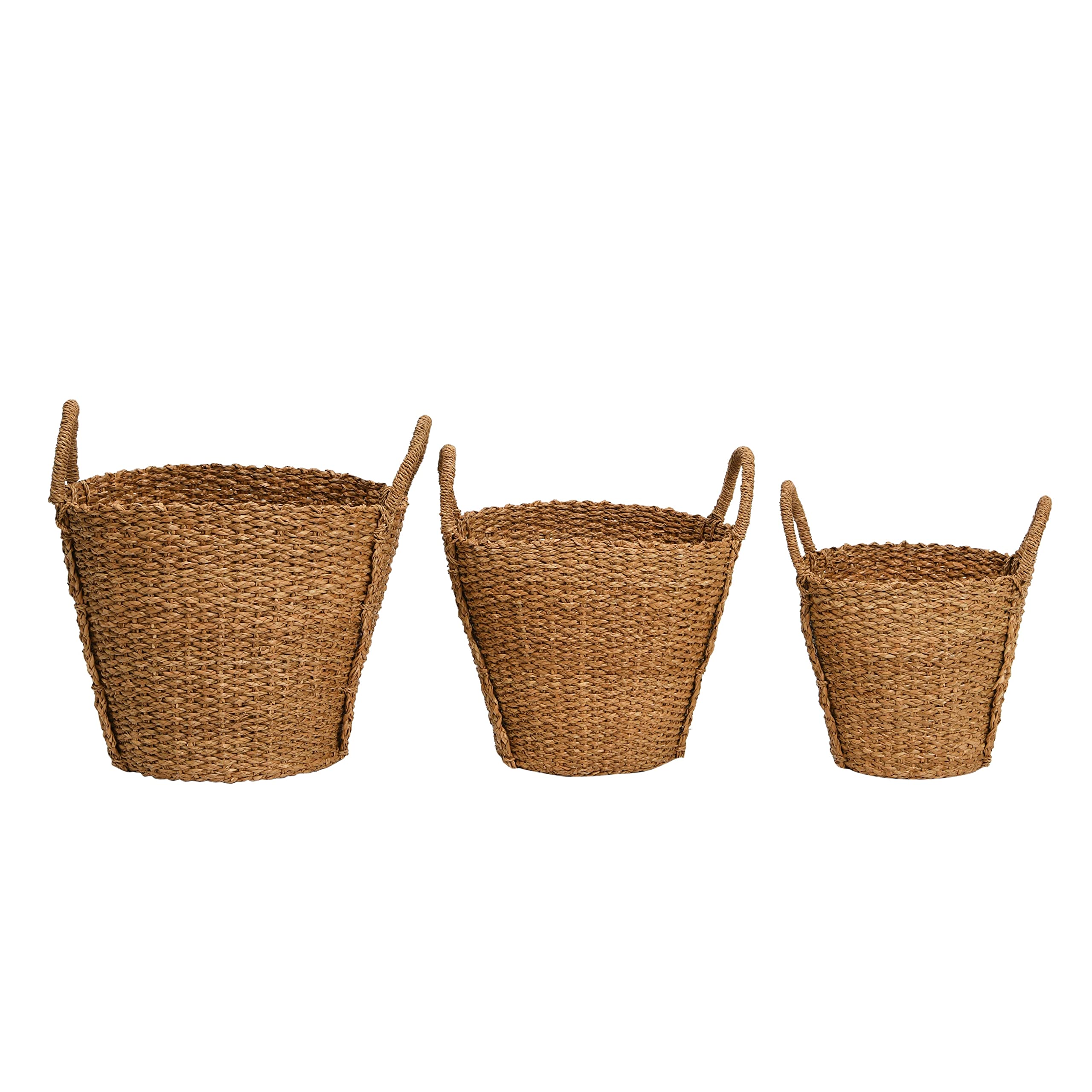 Hand-Woven Seagrass Baskets Set of 3 with Braided Handles - Natural Brown Storage Baskets for Home Organization, Bathroom, Laundry & Decor